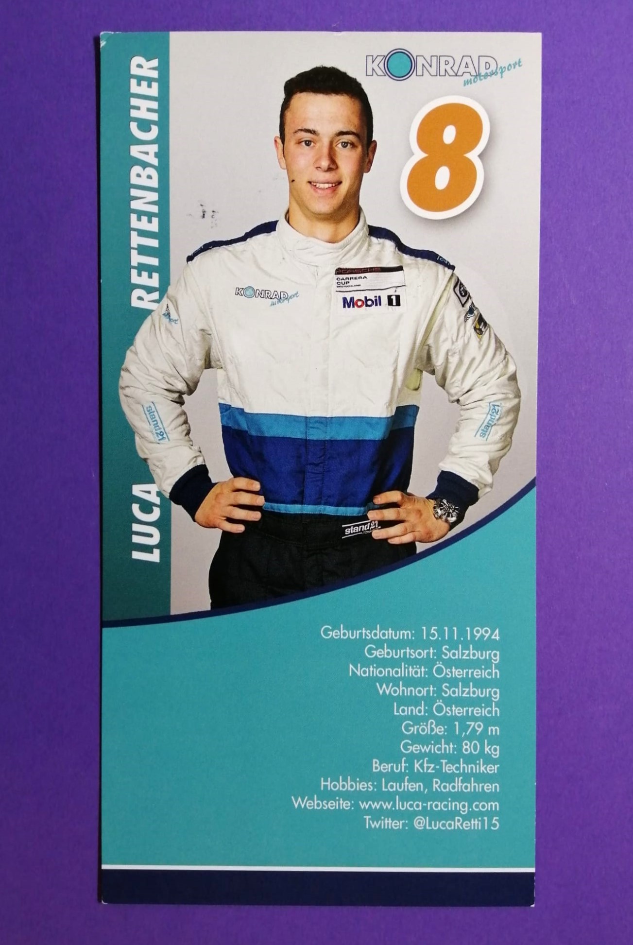 Original Autogramm, Luca Rettenbacher, Konrad Porsche 911 Carrera Cup 2016, Karte 10x21cm