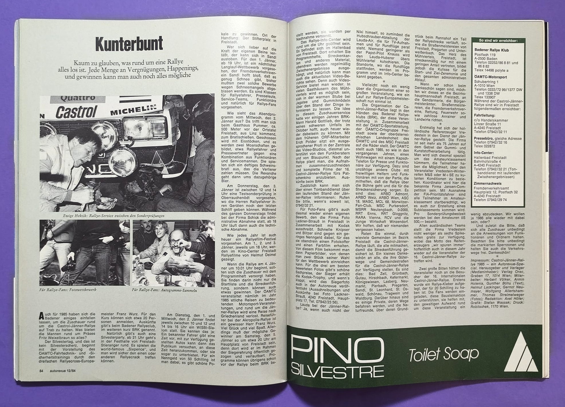 alte Auto Revue Zeitschrift Magazin, Heft, 12/1984, 16 Seiten Sonderteil Jänner Rallye Freistadt, Audi Quattro, Franz Wittmann, Testberichte Saab 900 Turbo 16, VW Scirocco GTX