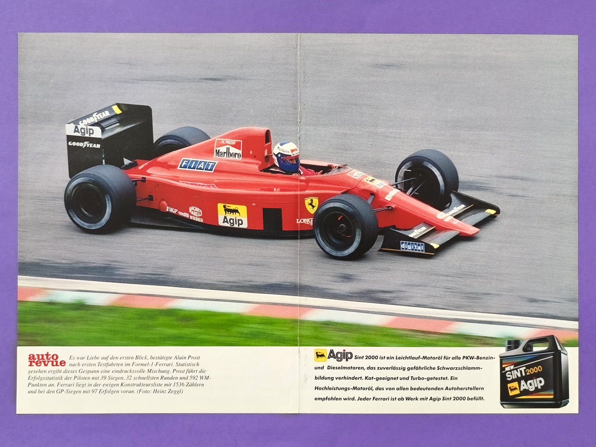 altes AGIP Poster, Alain Prost, Erste Testfahrten im Ferrari, Formel 1 Grand Prix 1990, 28x42cm
