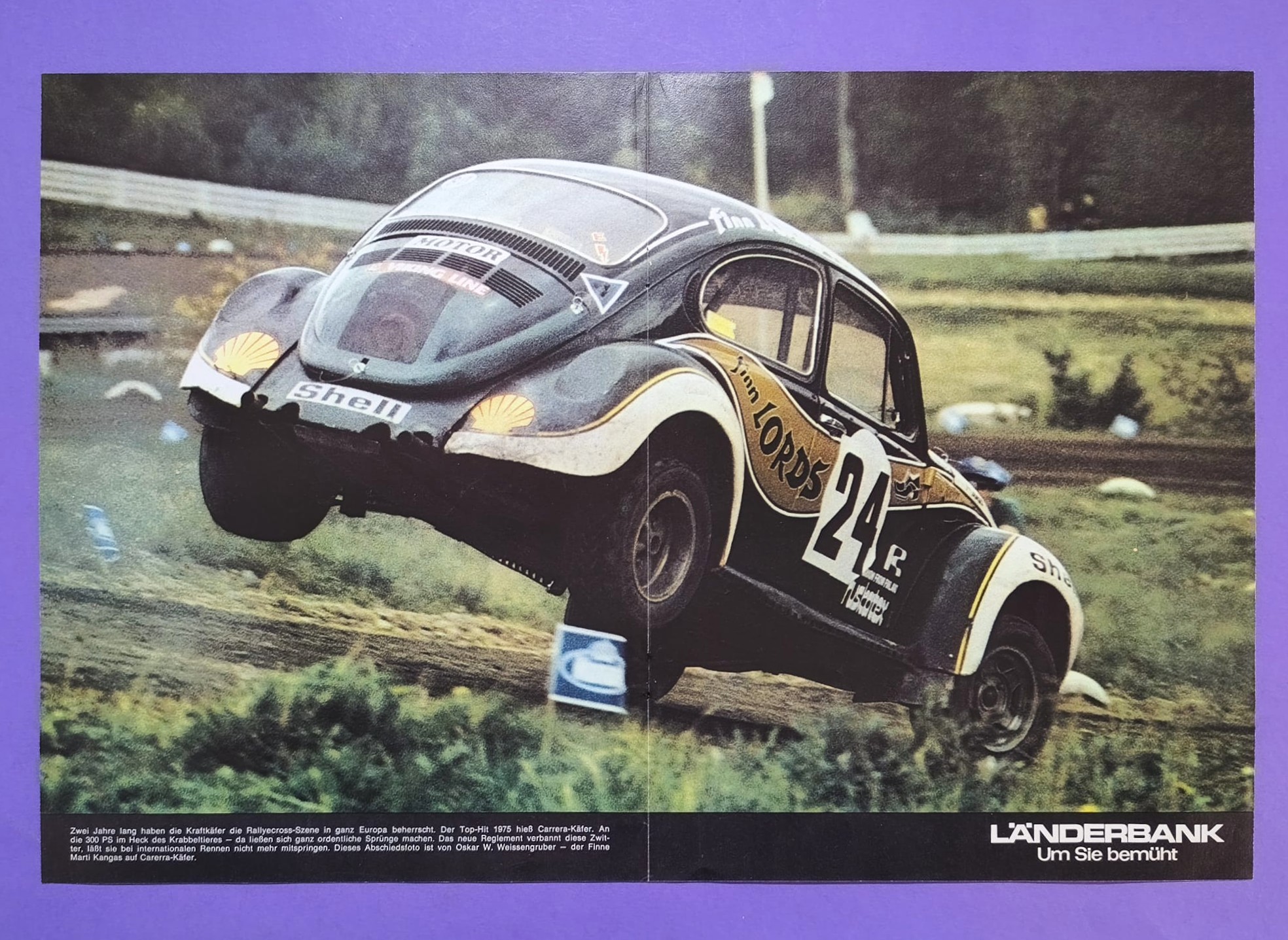 altes Poster VW Carerra Käfer, Marti Kangas, Rallye Cross 1975, 28x42cm