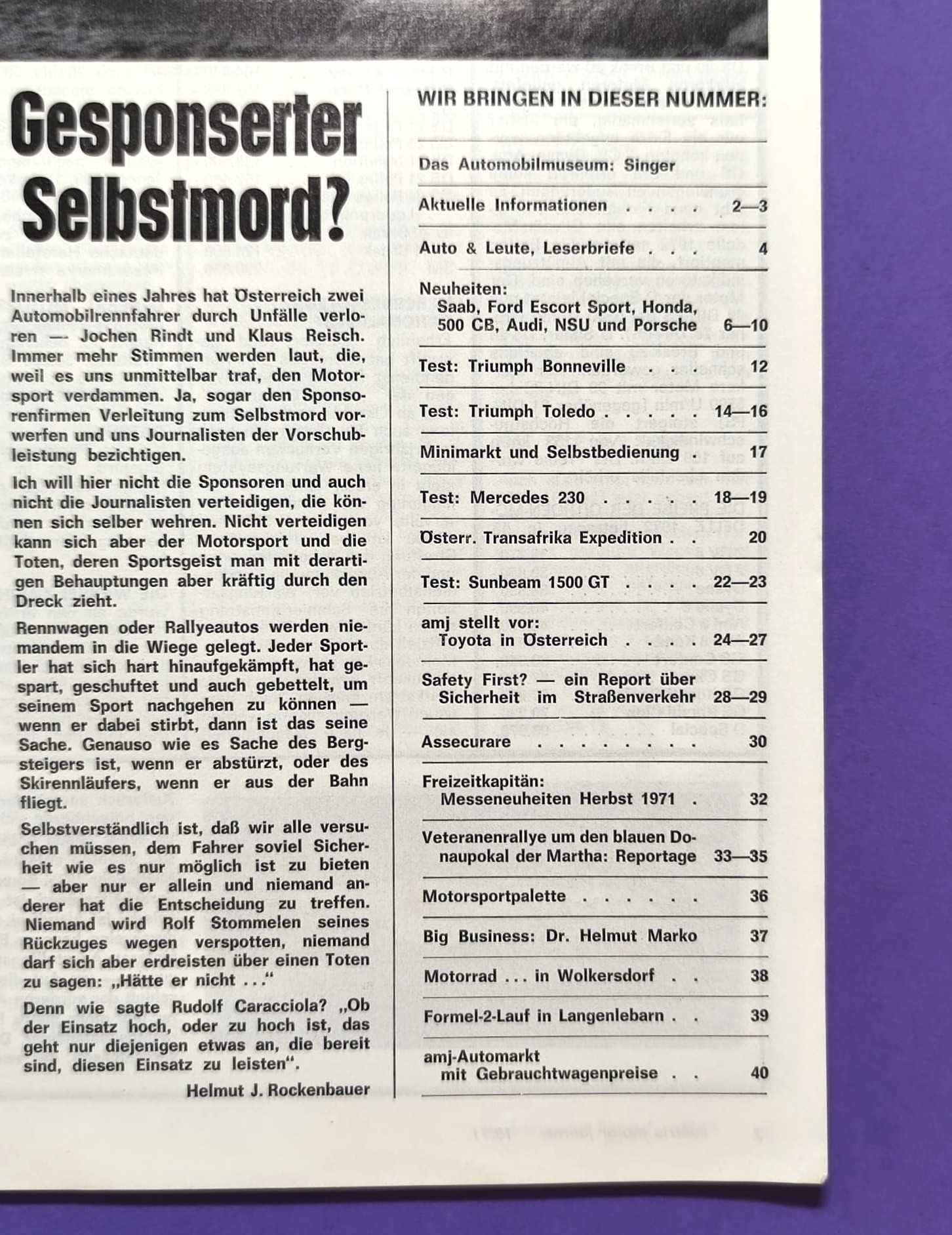alte Zeitschrift Magazin Heft, Austria Motor Journal, Oktober 1971, Toyota Celica 1600 + alle Modelle, Mercedes Benz 230, Triumph Toledo, Sunbeam 1500GT, Formel 2 Tulln Langenlebarn, Helmut Marko BRM Formel 1,..