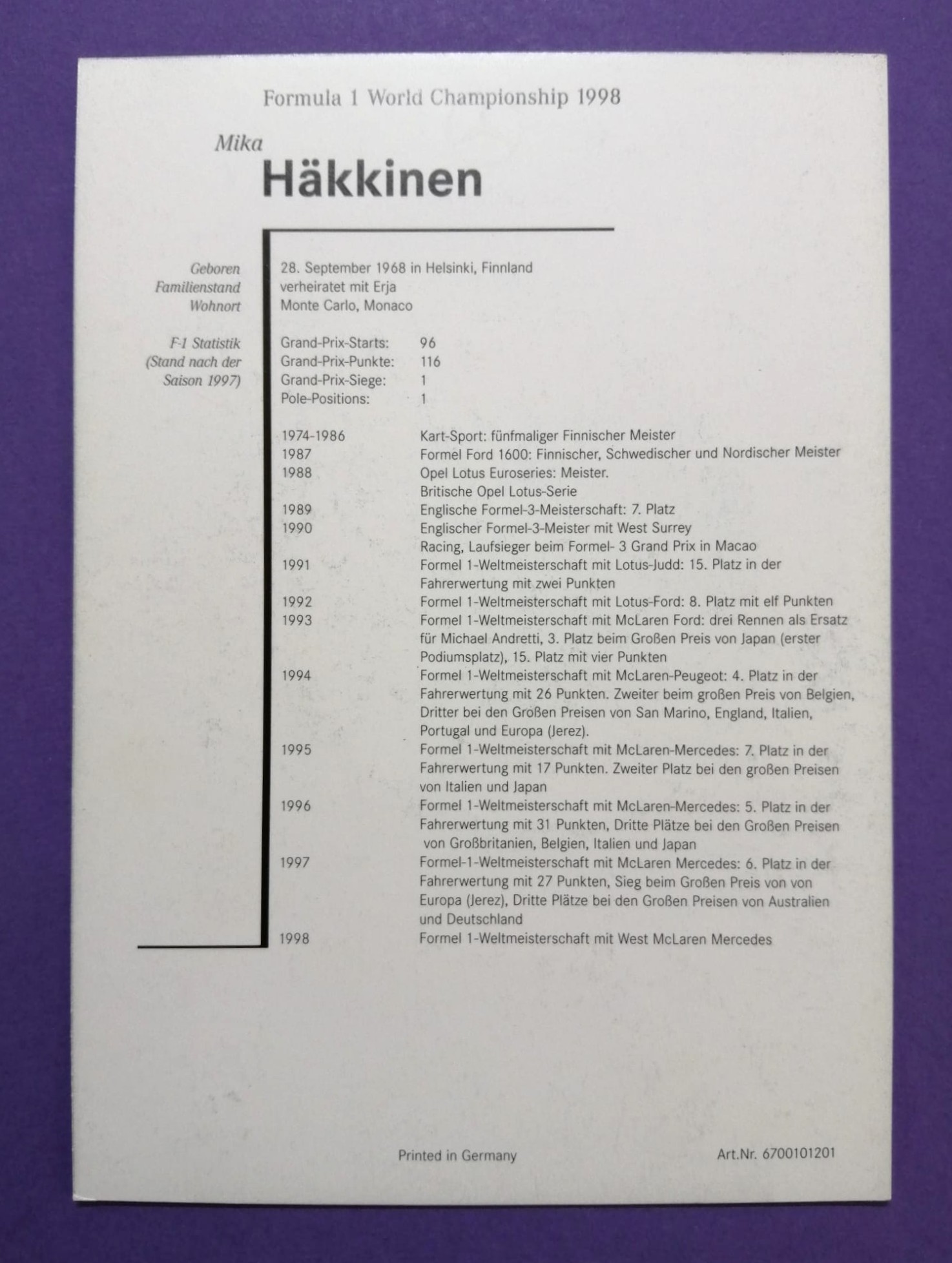alte Autogrammkarte, Mika Häkkinen, West McLaren Mercedes, Formel 1 Grand Prix 1998, 10x15cm 