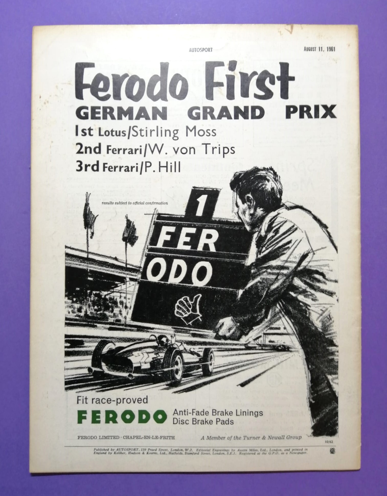 alte Zeitschrift Magazin Heft Autosport, 11. August 1961, Formel 1 Grand Prix Deutschland Nürburgring Nordschleife,.. Englisch! 