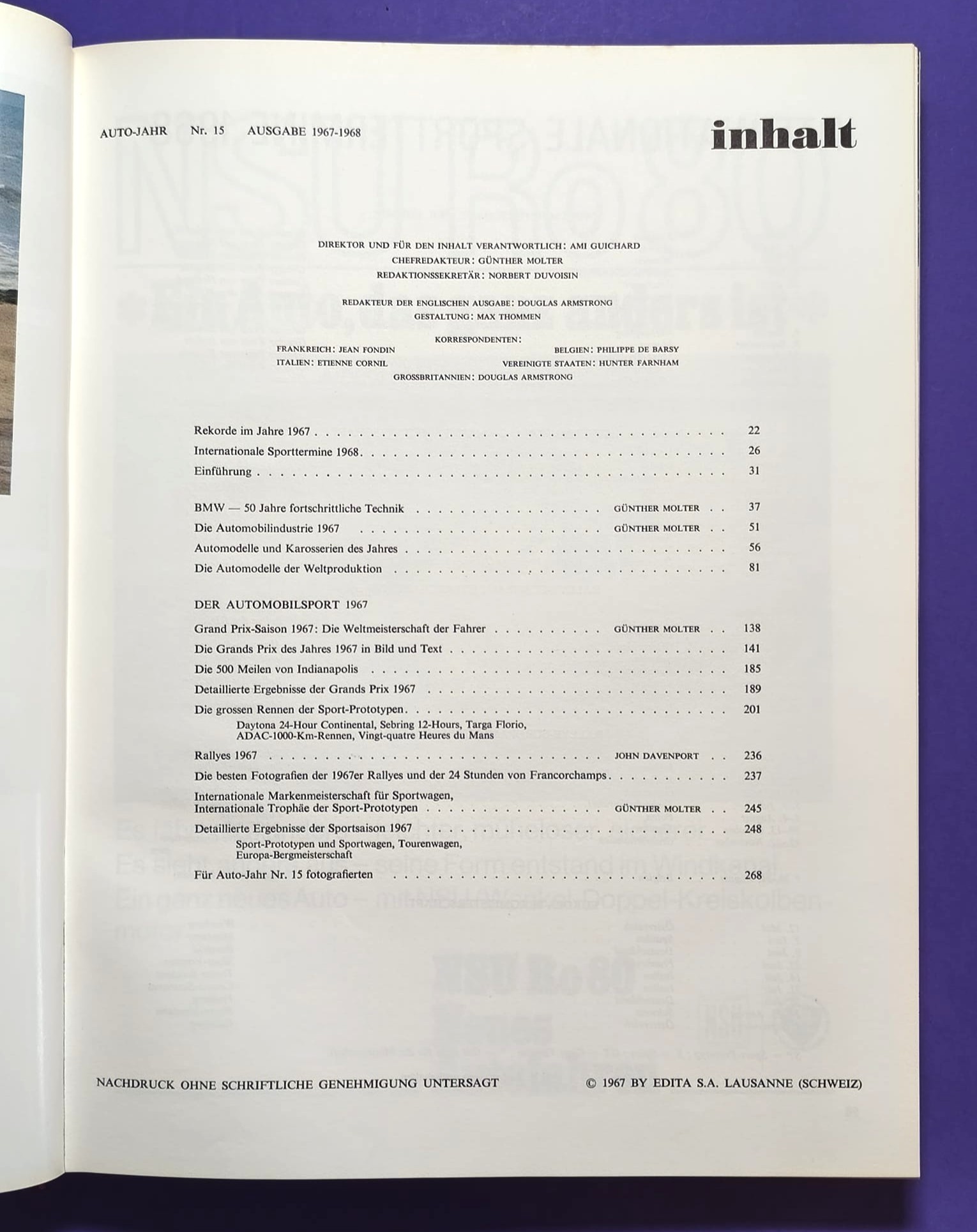 altes Buch, Auto Jahr 1967-1968, Nr. 15, Alfa, BMW, Lotus, Ferrari, Mini, Ford GT40.. Formel 1, LeMans, Rallye,.. Jochen Rindt, Brabham, Clark, Hill,..