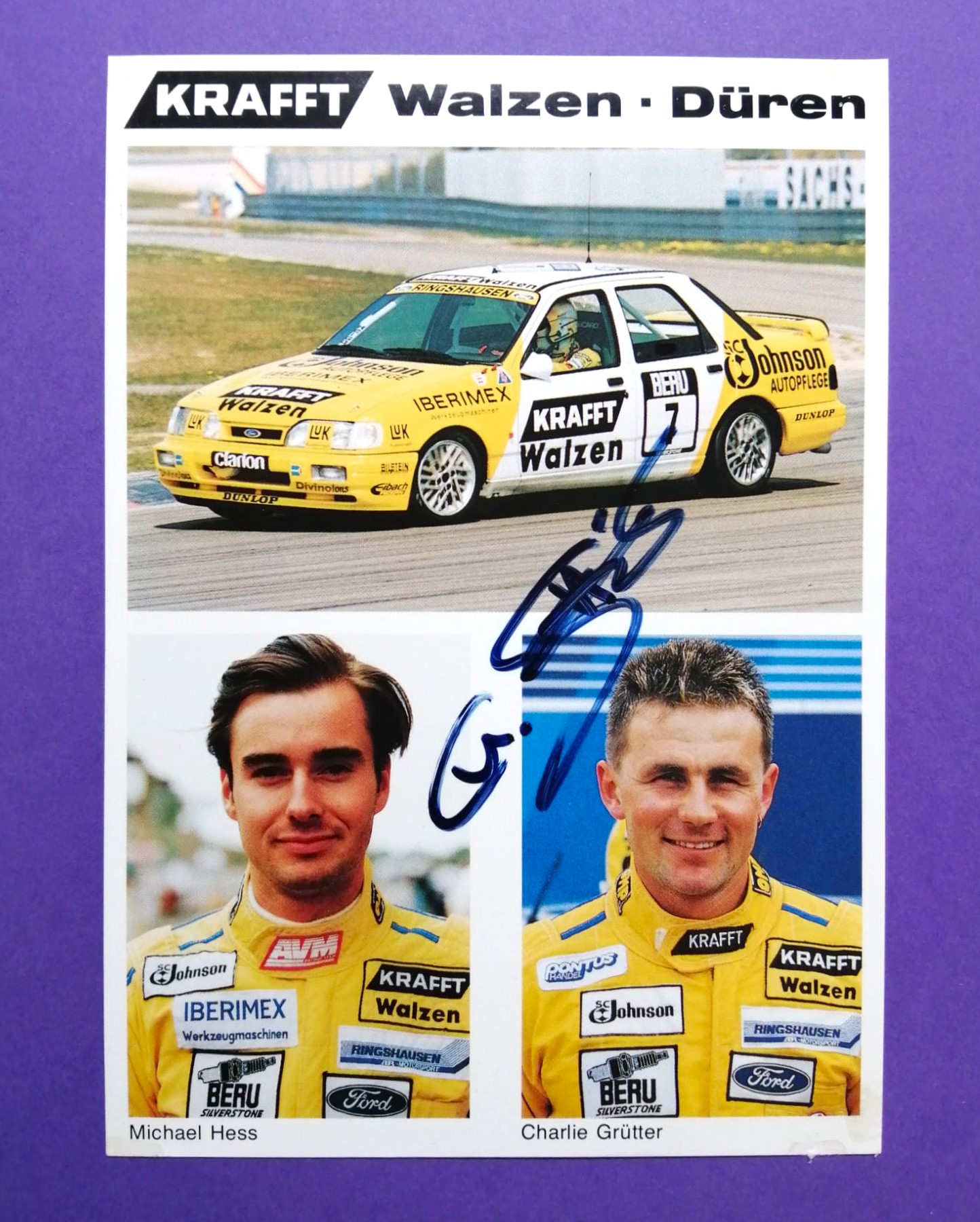 Original Autogramm, Charlie Grütter, Ford Sierra Cosworth 4x4 Turbo 16V, Deutsche Tourenwagen Trophäe 1991, alte Karte 10x15cm