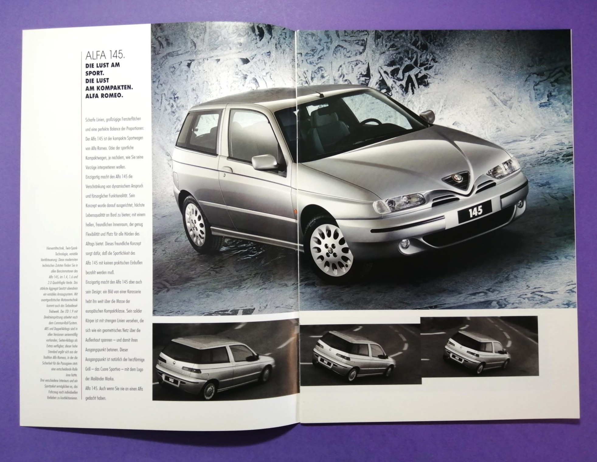 altes Original Autoprospekt, Alfa-Romeo 145, TI, Quadrifoglio,... aus dem Jahr 1997, 2 teilig