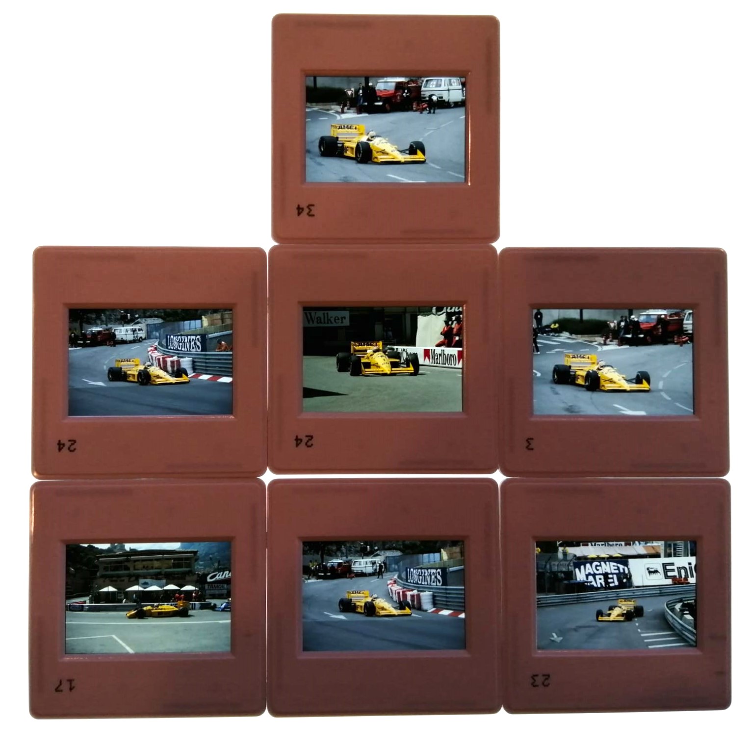 7 Stück alte Presse Foto DIAs, Nelson Piquet, Camel Lotus Honda, Formel 1 Grand Prix Monaco 1988, 5x5cm