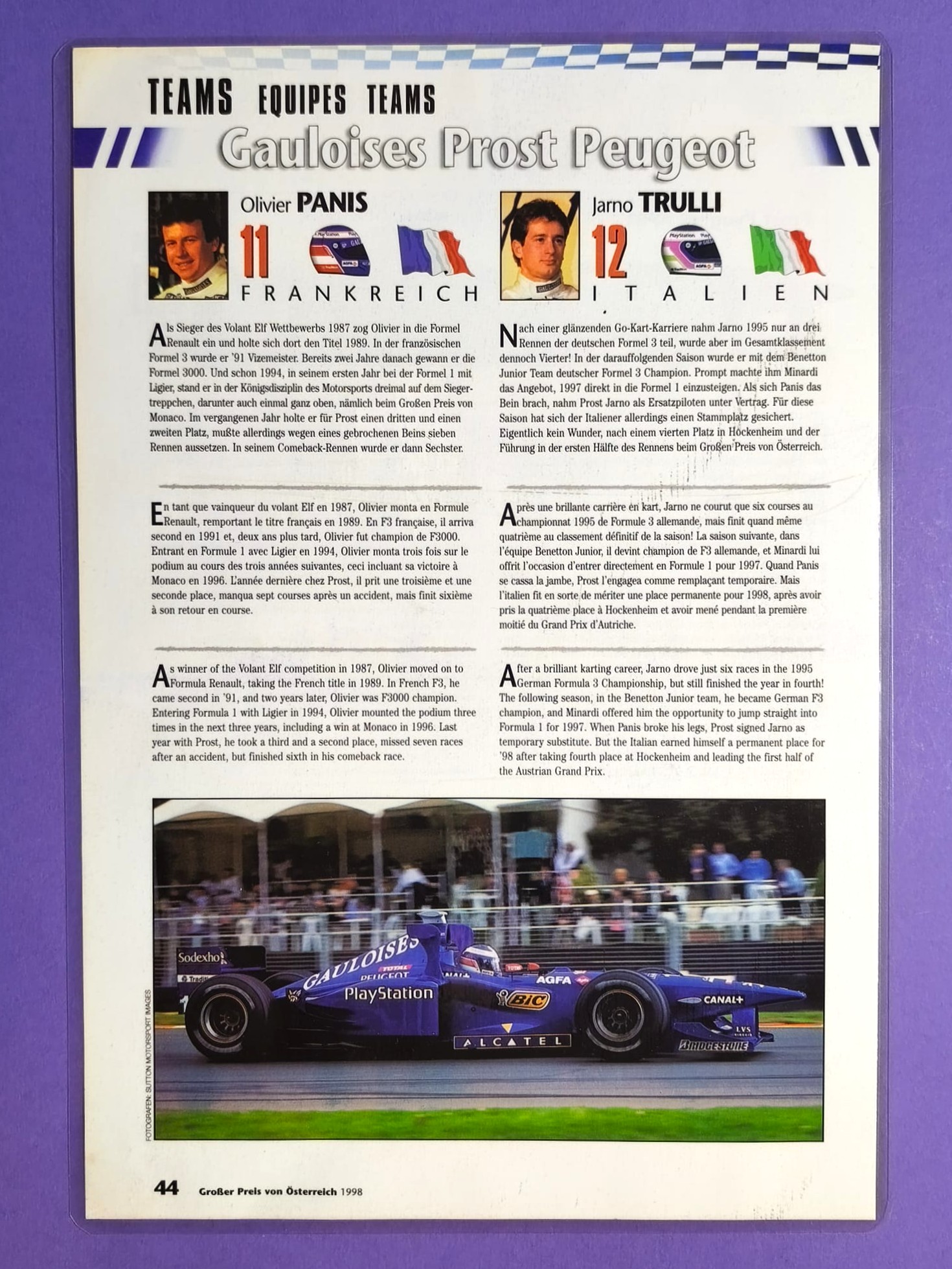 2 alte Rennprogrammseiten laminiert, Prost GP Peugeot, Formel 1 Grand Prix 1998, Jarno Trulli, Oliver Panis, 21x30cm