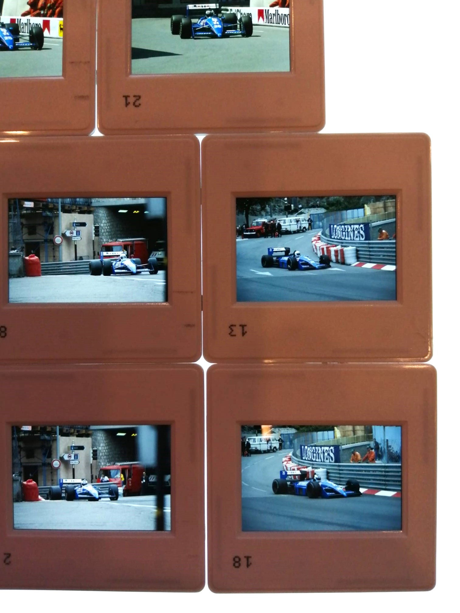 8 Stück alte Presse Foto DIAs, Rene Arnoux, Stefan Johansson, Ligier Judd, Formel 1 Grand Prix Monaco 1988, 5x5cm