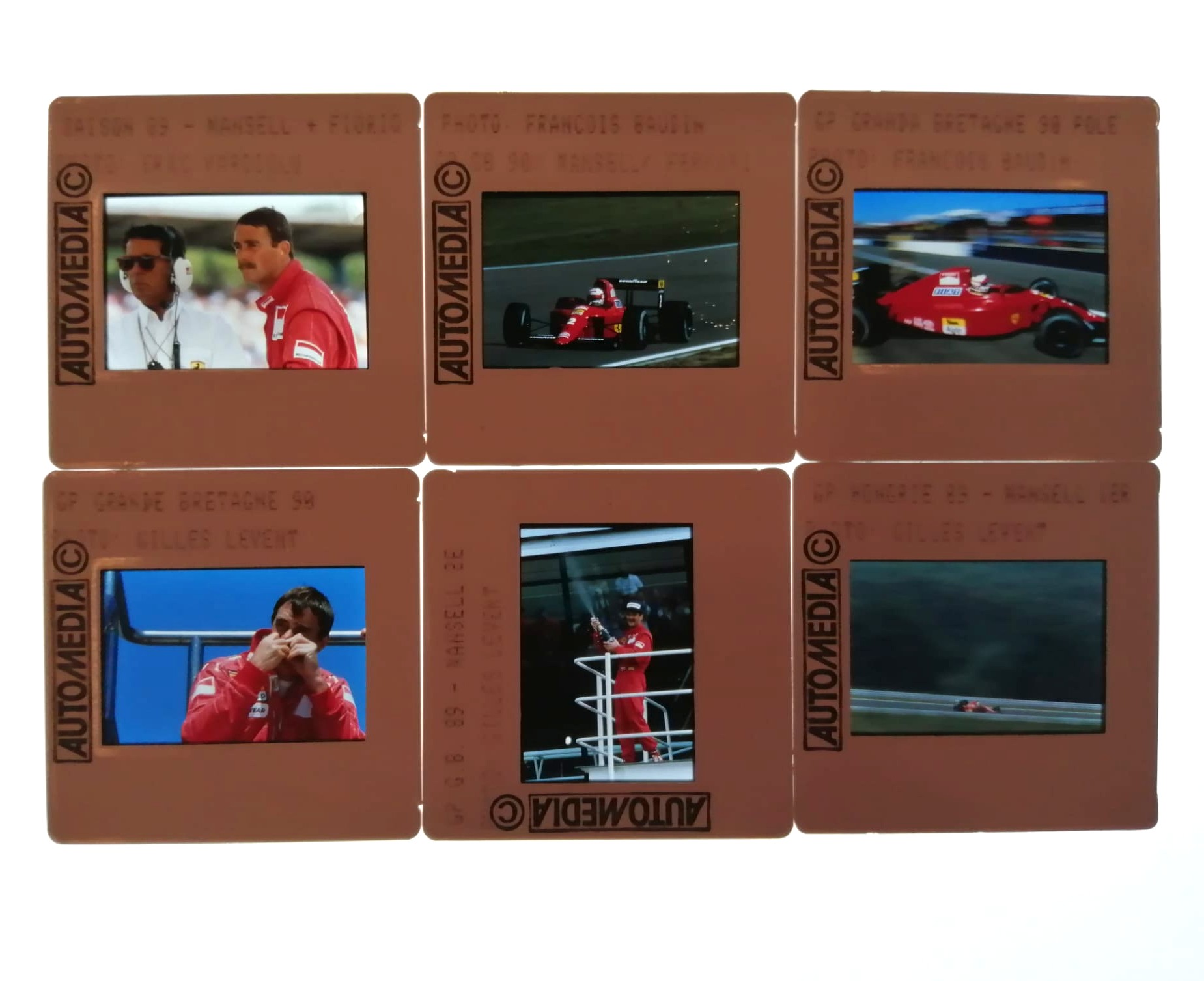 6 Stück alte Presse Foto DIAs, Nigel Mansell, Ferrari, Formel 1 Grand Prix 1989, 1990, 5x5cm