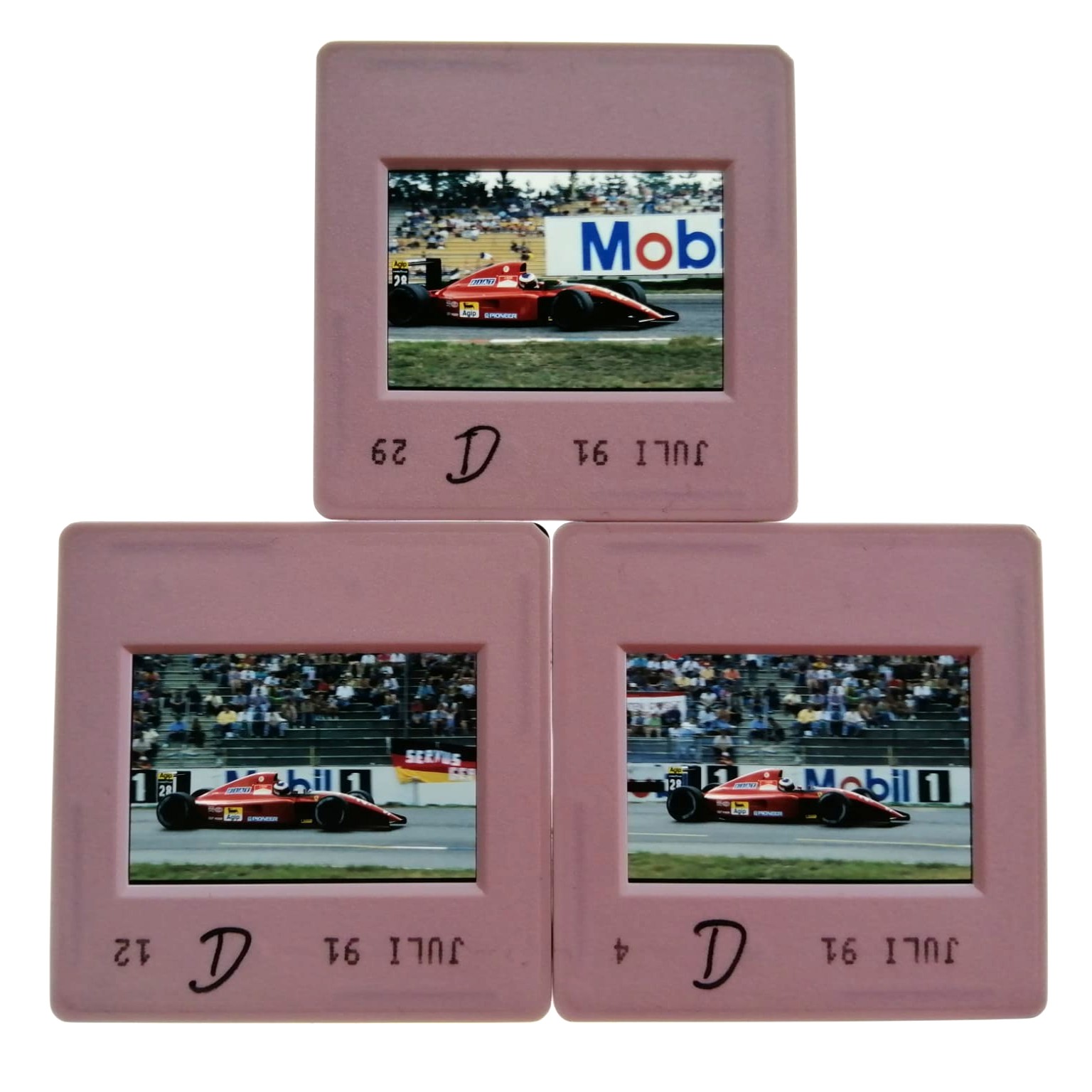 3 Stück alte Presse Foto DIAs, Jean Alesi, Ferrari, Formel 1 Grand Prix Deutschland Hockenheimring 1991, 5x5cm 