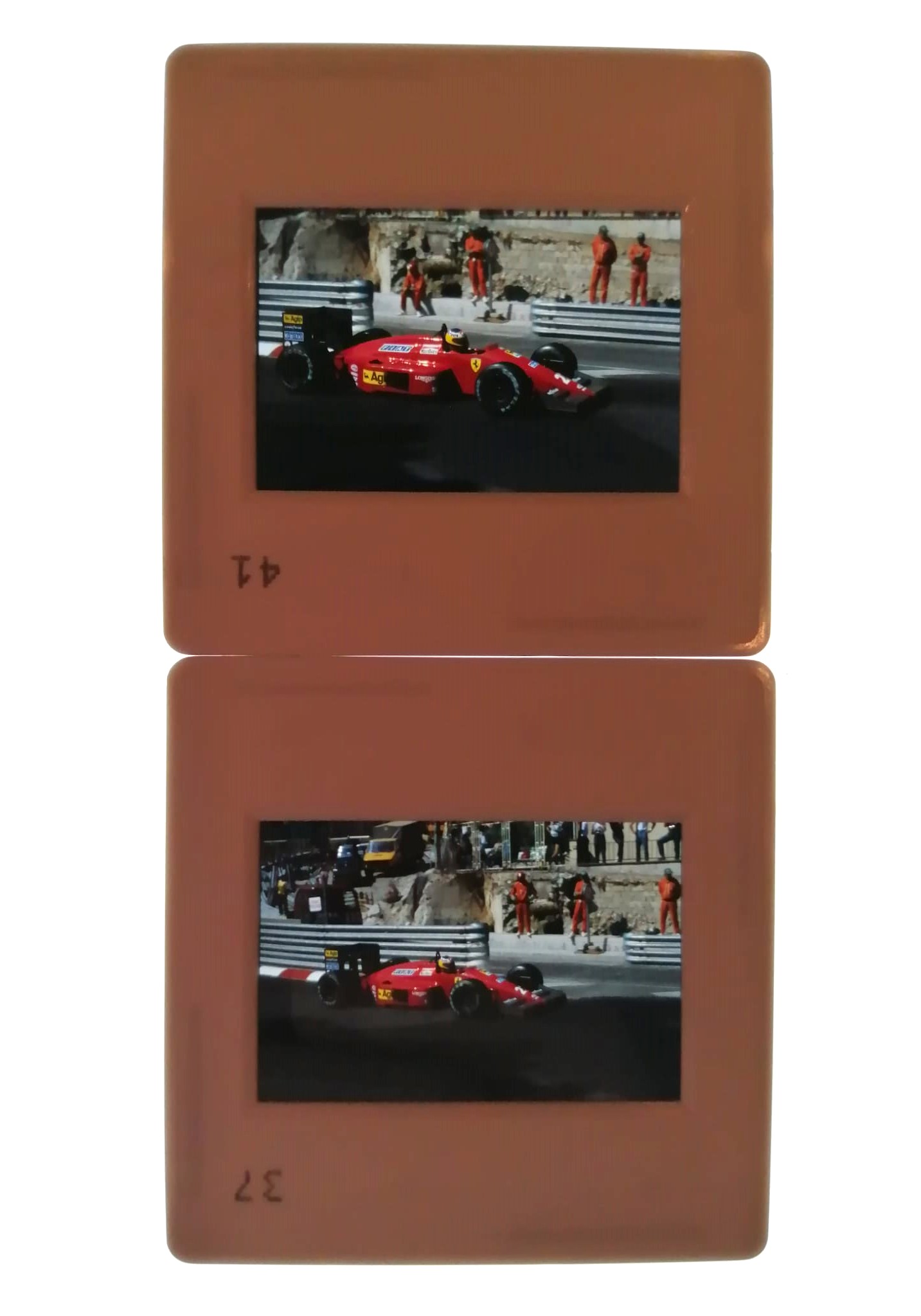 2 Stück alte Presse Foto DIAs, Michele Alboreto, Ferrari, Formel 1 Grand Prix Monaco 1987, 5x5cm