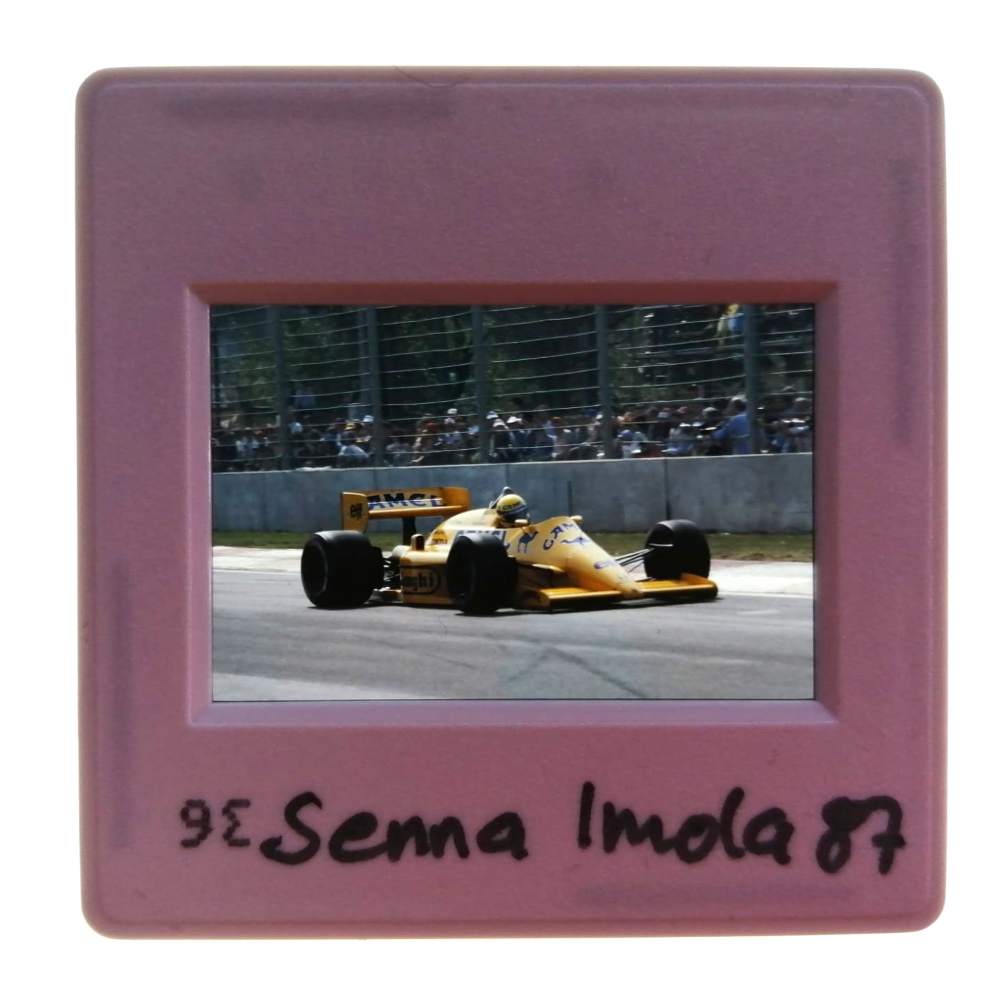 altes Presse Foto DIA, Ayrton Senna, Camel Lotus Honda, Formel 1 Grand Prix San Marino Imola 1987, 5x5cm