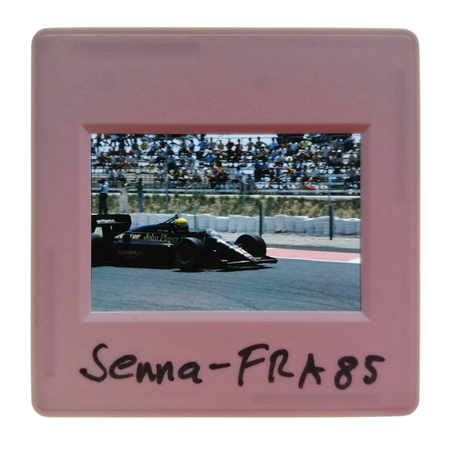 altes Presse Foto DIA, Ayrton Senna, John Player Lotus Renault, Formel 1 Grand Prix Frankreich Le Castellet Paul Ricard 1985, 5x5cm