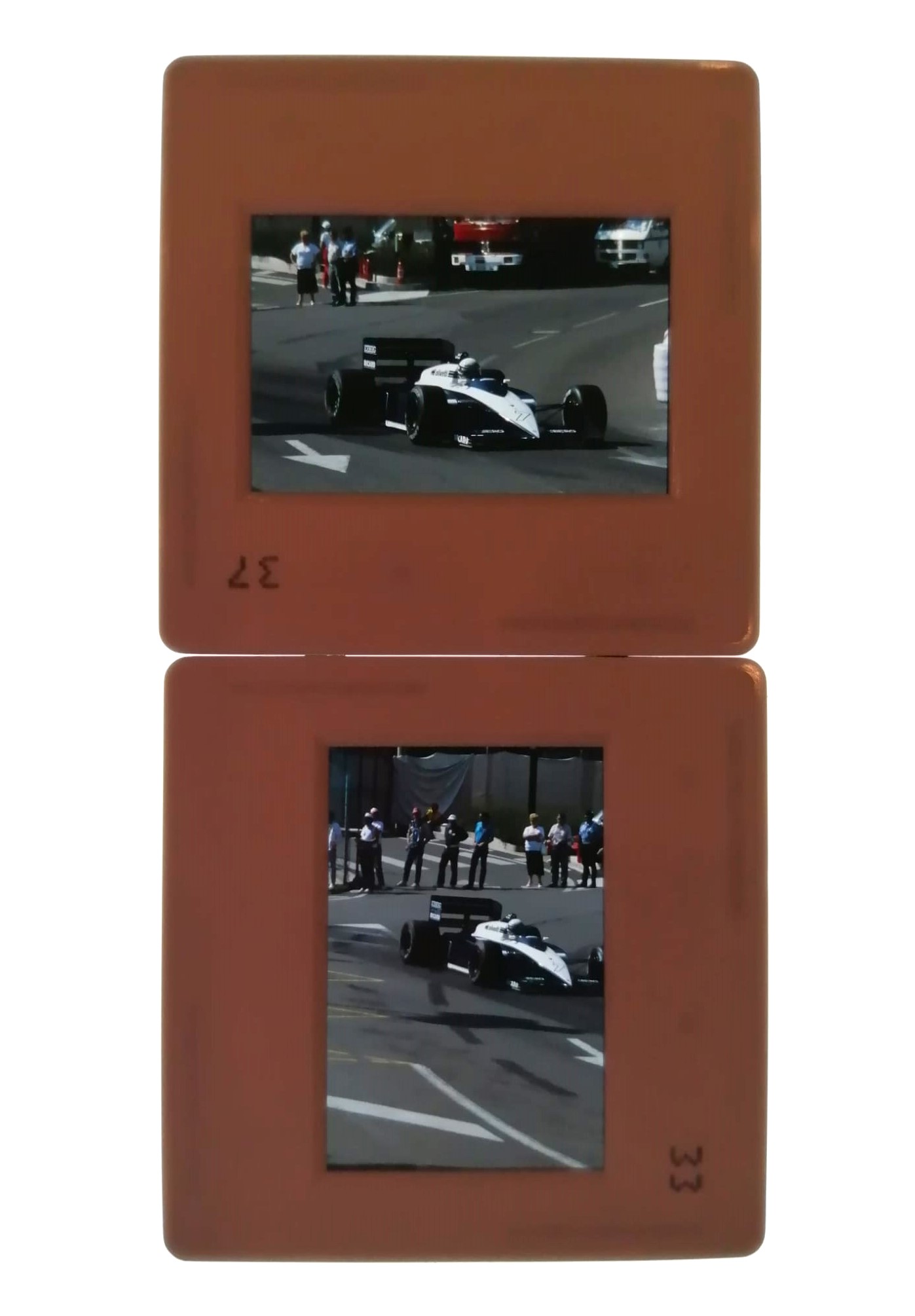 2 Stück alte Presse Foto DIAs, Riccardo Patrese, Brabham BMW, Formel 1 Grand Prix Monaco 1987, 5x5cm