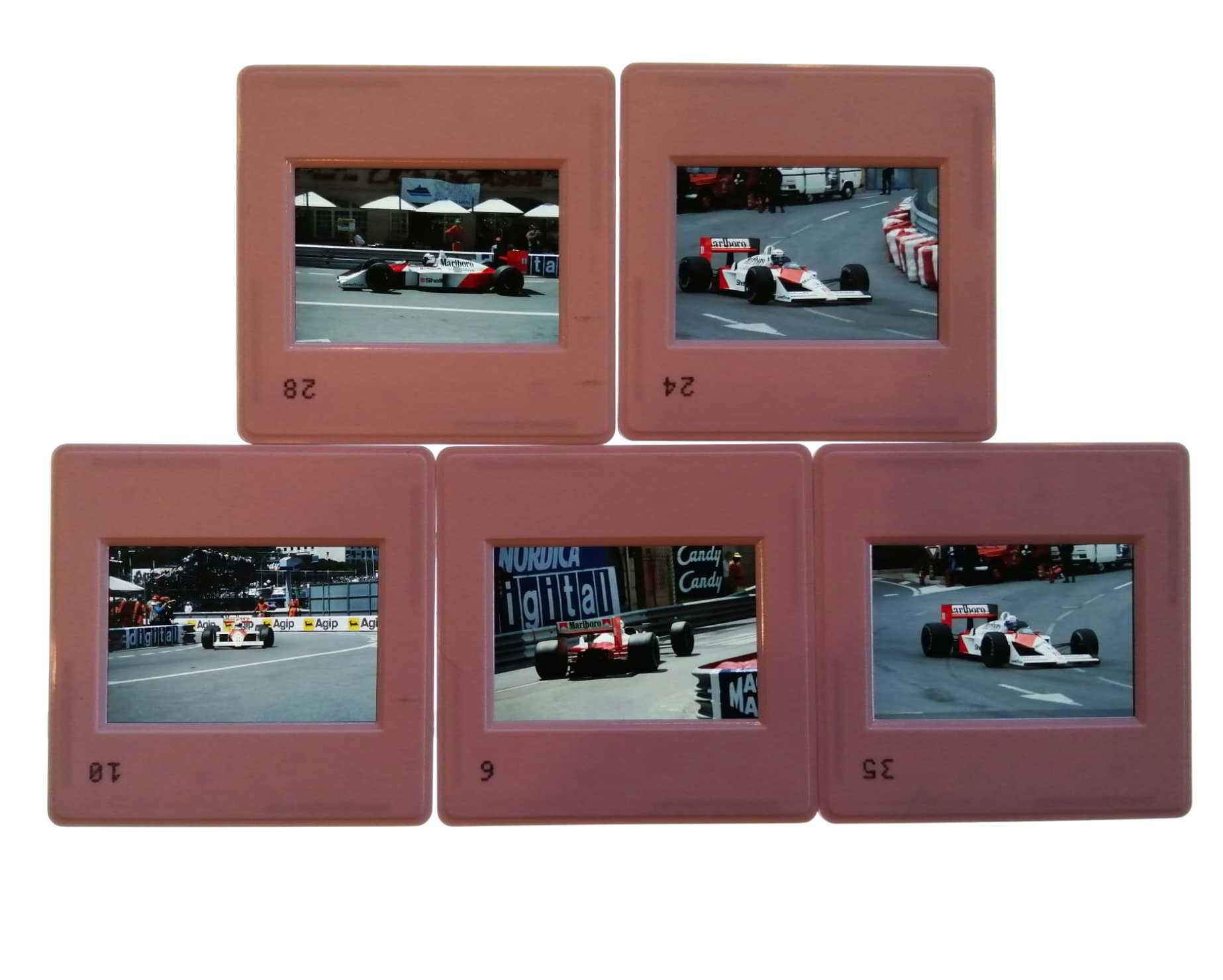 5 Stück alte Presse Foto DIAs, Alain Prost, Marlboro McLaren Honda, Formel 1 Grand Prix Monaco 1988, 5x5cm 