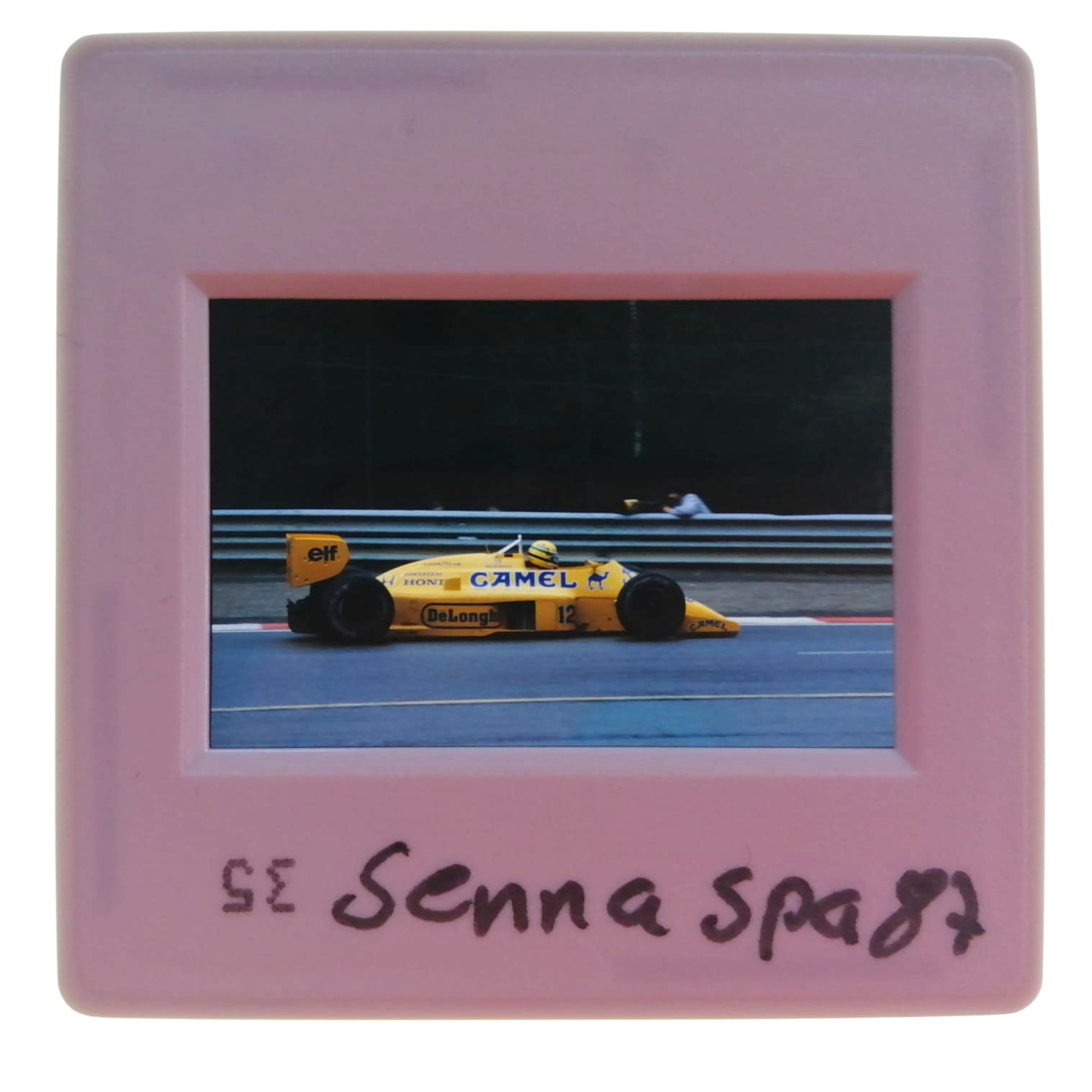 altes Presse Foto DIA, Ayrton Senna, Camel Lotus Honda, Formel 1 Grand Prix Belgien Spa-Francorchamps 1987, 5x5cm