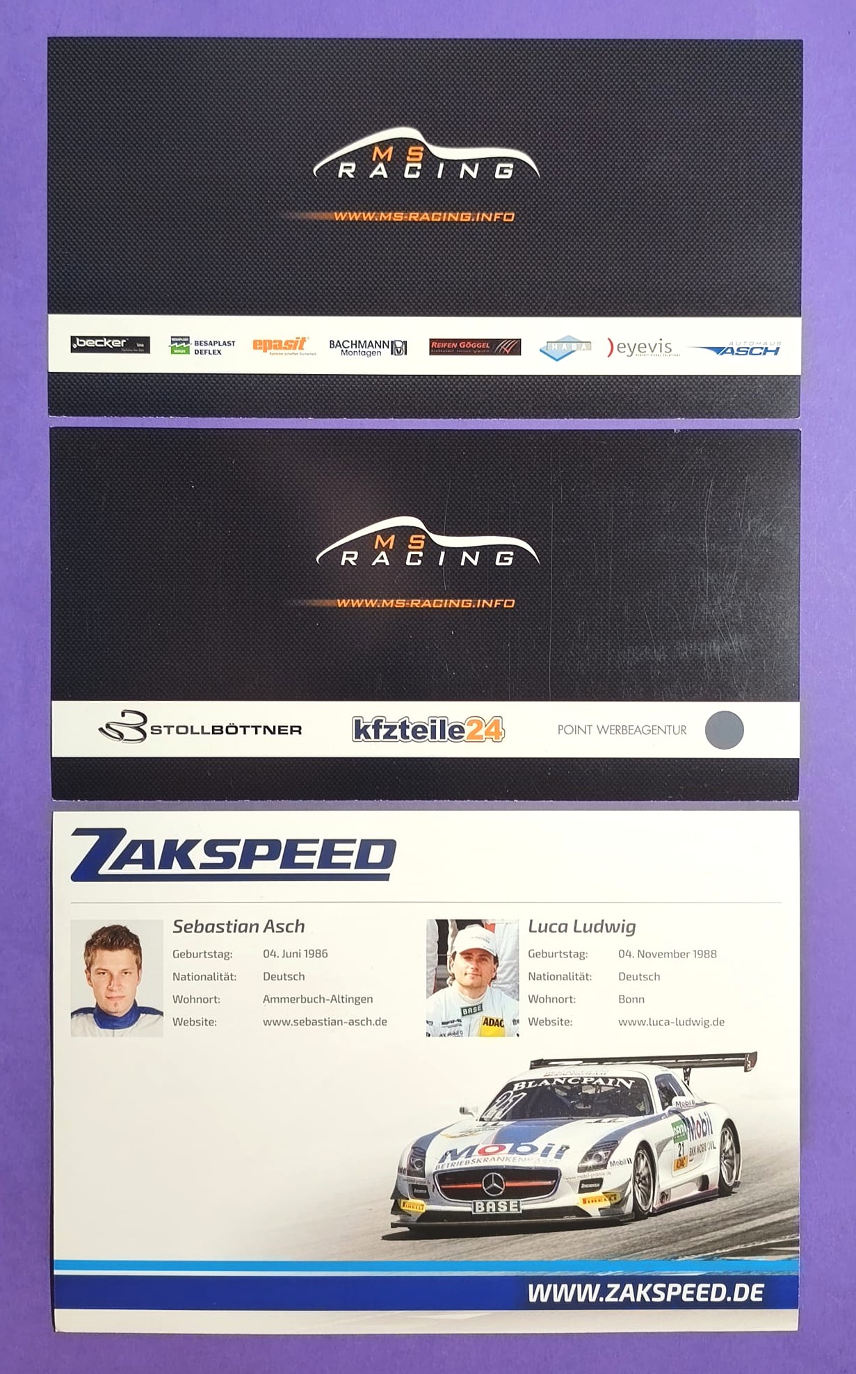 3 Original Autogramme, Sebastian Asch, Florian Stoll, Mercedes-Benz SLS AMG GT3, ADAC GT-Masters, Zakspeed