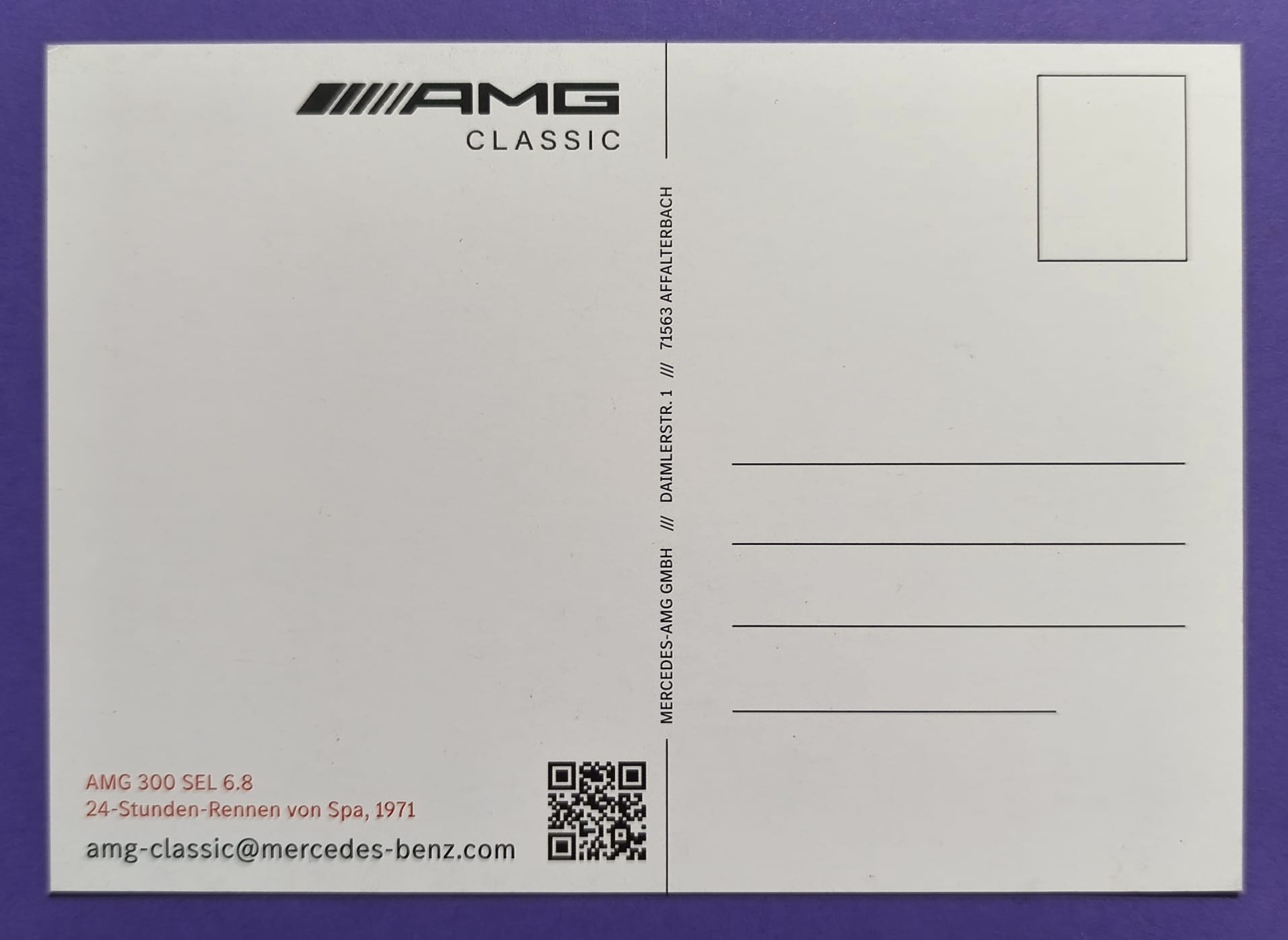 Postkarte NEU, AMG Mercedes-Benz 300 SEL 6.8, 24h Spa-Francorchamps 1971, 11x15cm