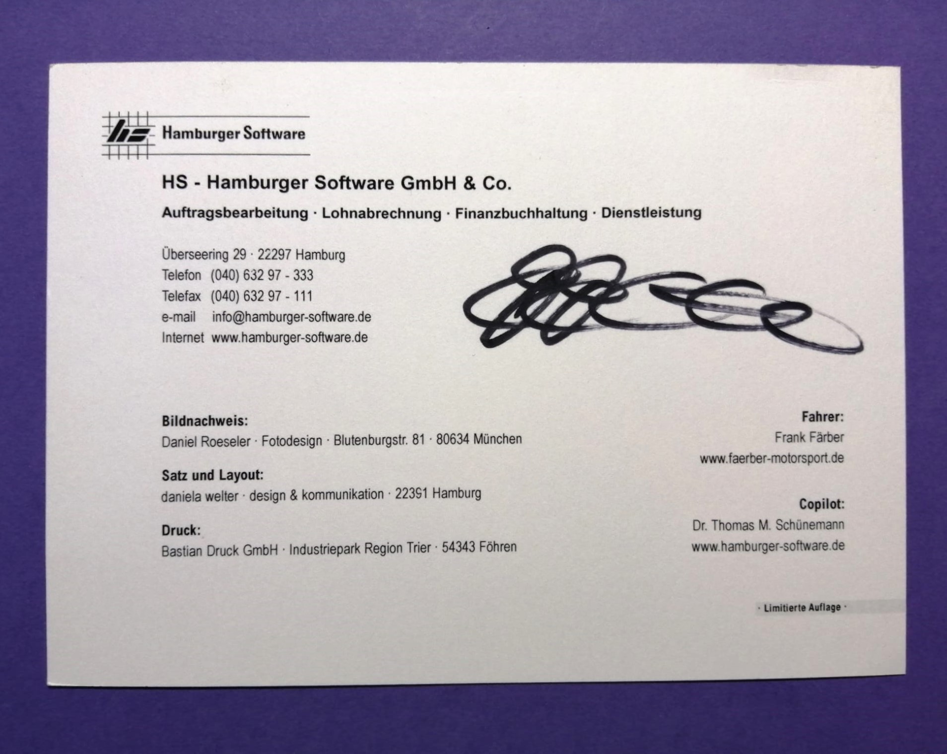 2 Original Autogramme, Frank Färber, Mitsubishi Lancer Evo, Rallye Deutschland, Karte 10x15cm, vorne und rückwärts signiert.