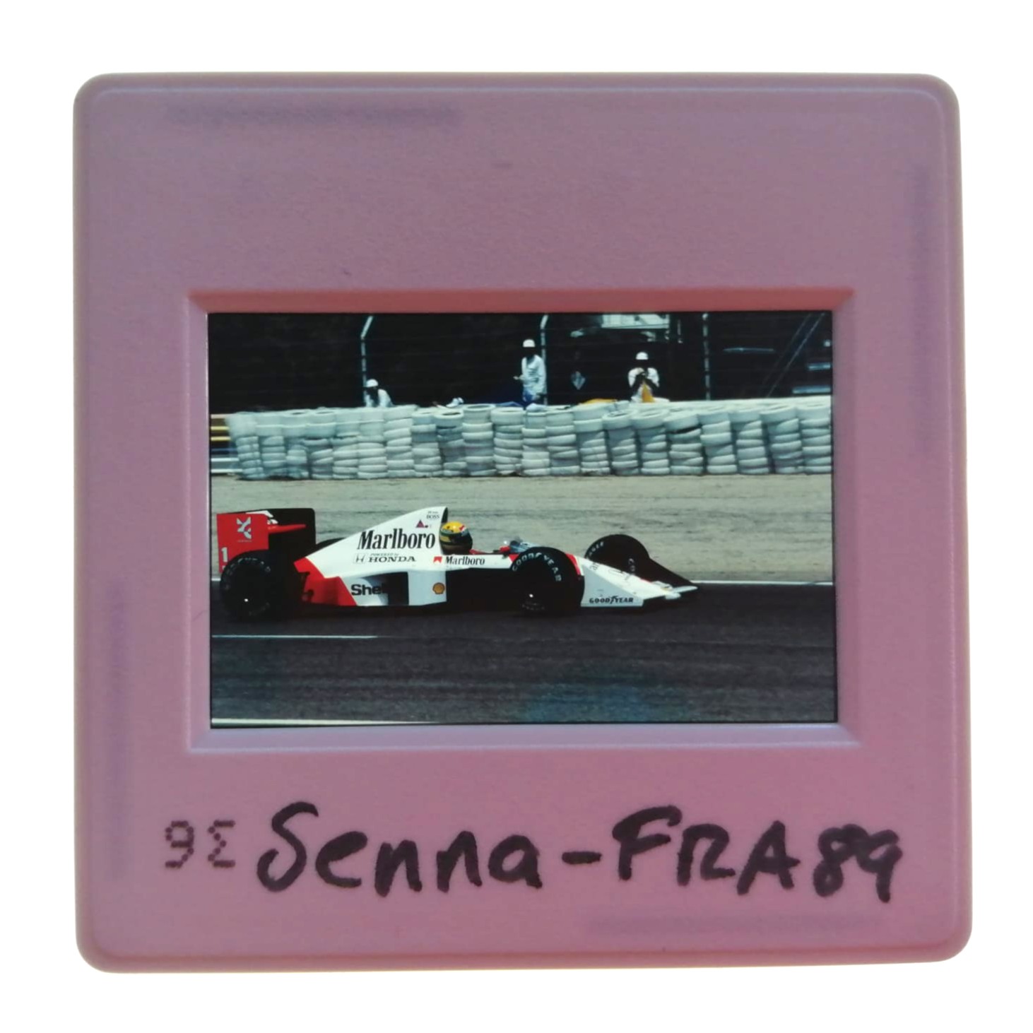 altes Presse Foto DIA, Ayrton Senna, McLaren Honda, Formel 1 Grand Prix Frankreich Le Castellet Paul Ricard 1989, 5x5cm 