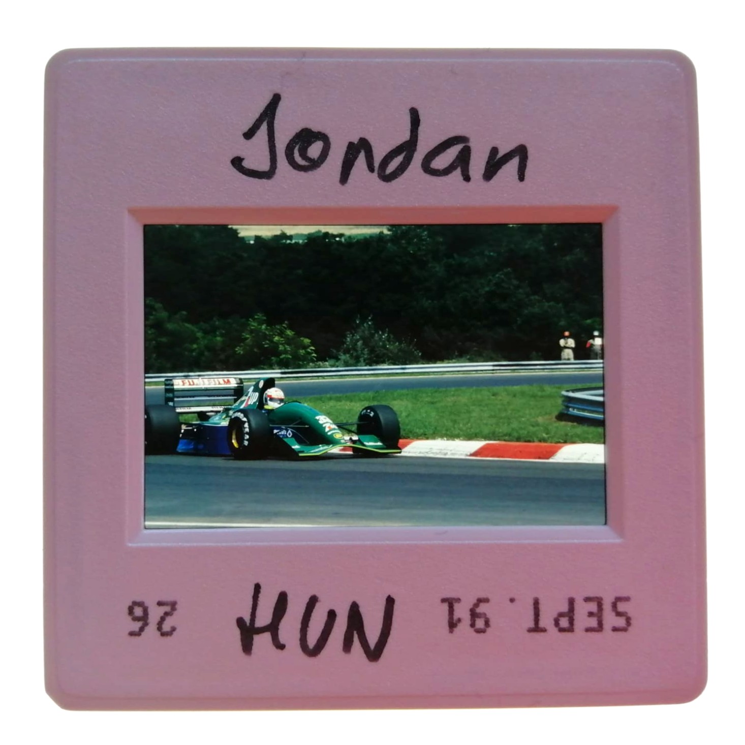 altes Presse Foto DIA, Andrea de Cesaris, 7UP Jordan, Formel 1 Grand Prix Ungarn Budapest Hungaroring 1991, 5x5cm