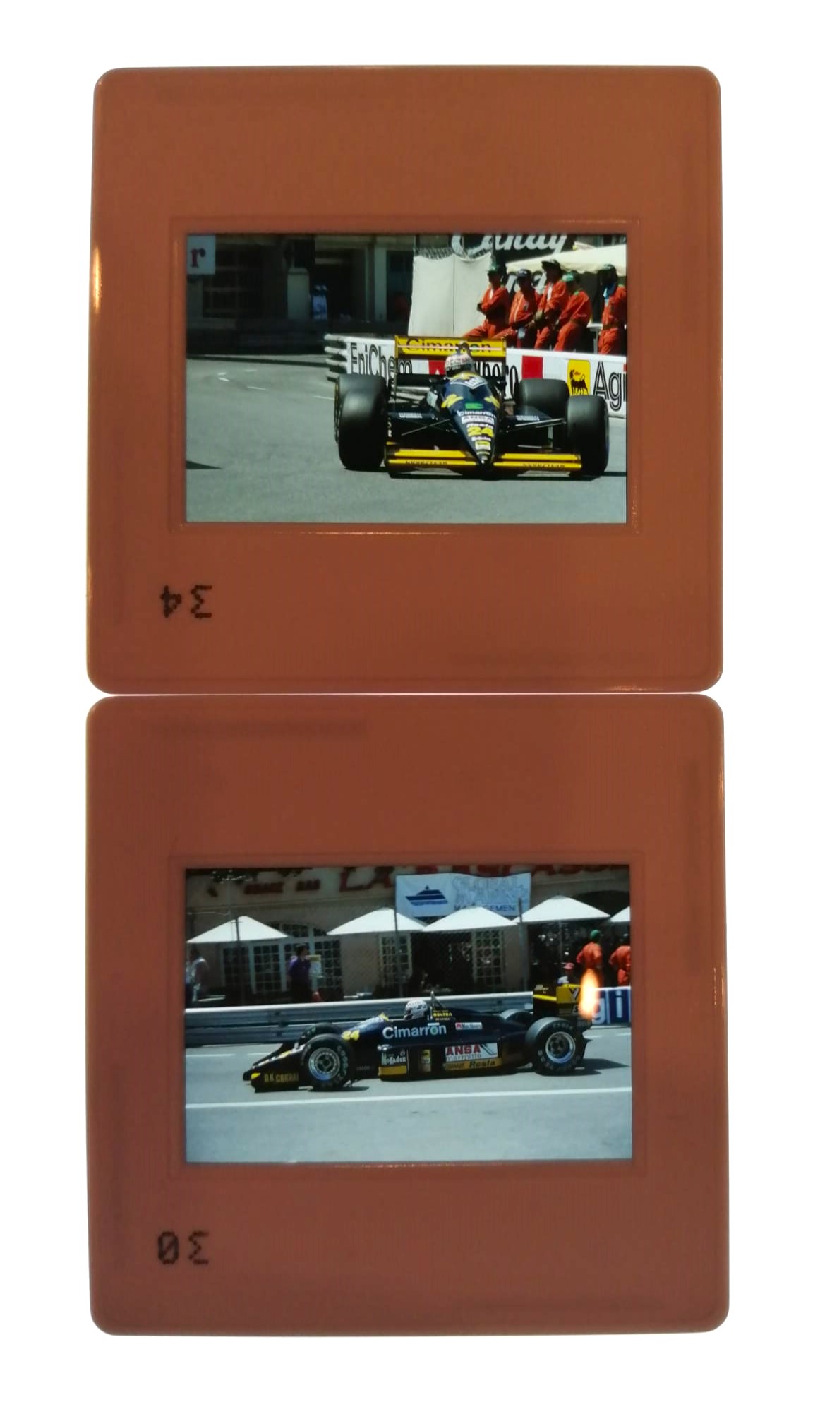 2 Stück alte Presse Foto DIAs, Luis Pérez-Sala, Minardi Ford, Formel 1 Grand Prix Monaco 1988, 5x5cm