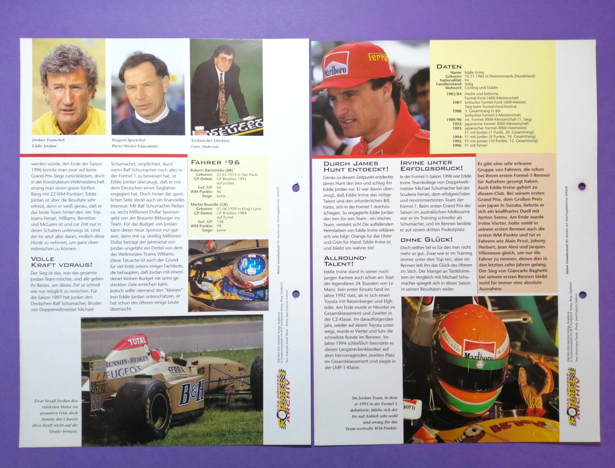 7 Stück alte Folder, Jordan, Formel 1 Grand Prix Team 1995-1997, M. Brundle, R. Barrichello, E. Irvine, R. Schumacher