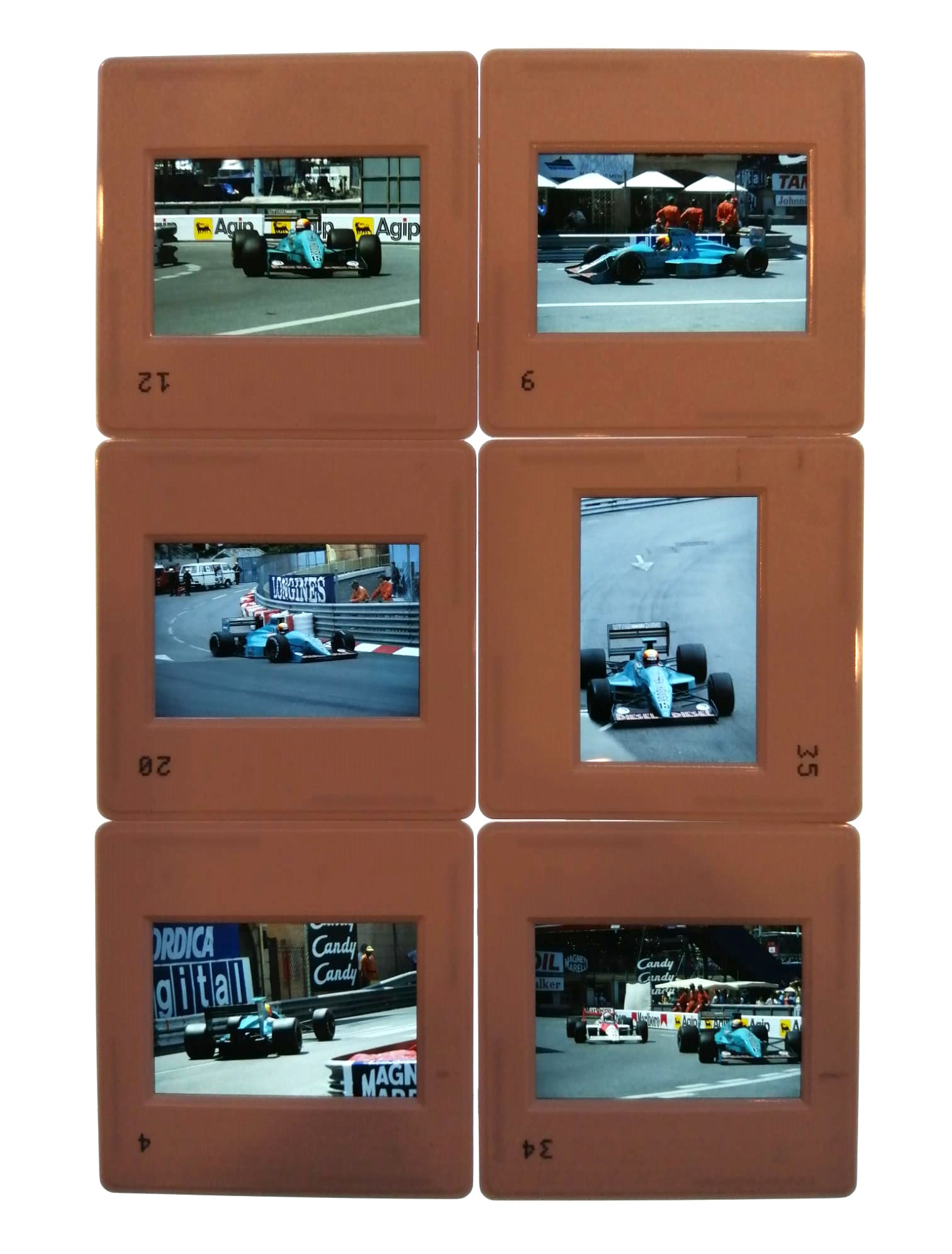 6 Stück alte Presse Foto DIAs, Maurício Gugelmin, Leyton House March Judd, Formel 1 Grand Prix Monaco 1988, 5x5cm