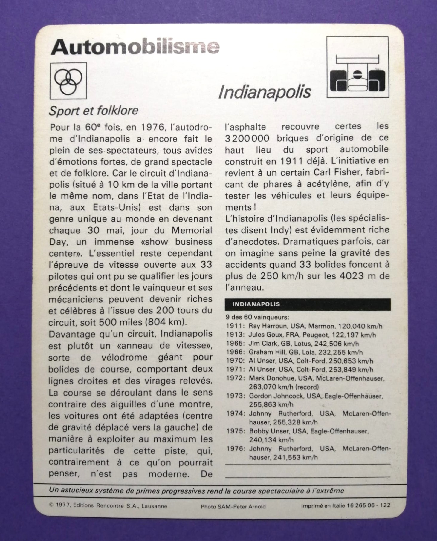 alte Sammelkarte, Indianapolis, Indy 500, USA, 1976, 12x16cm 
