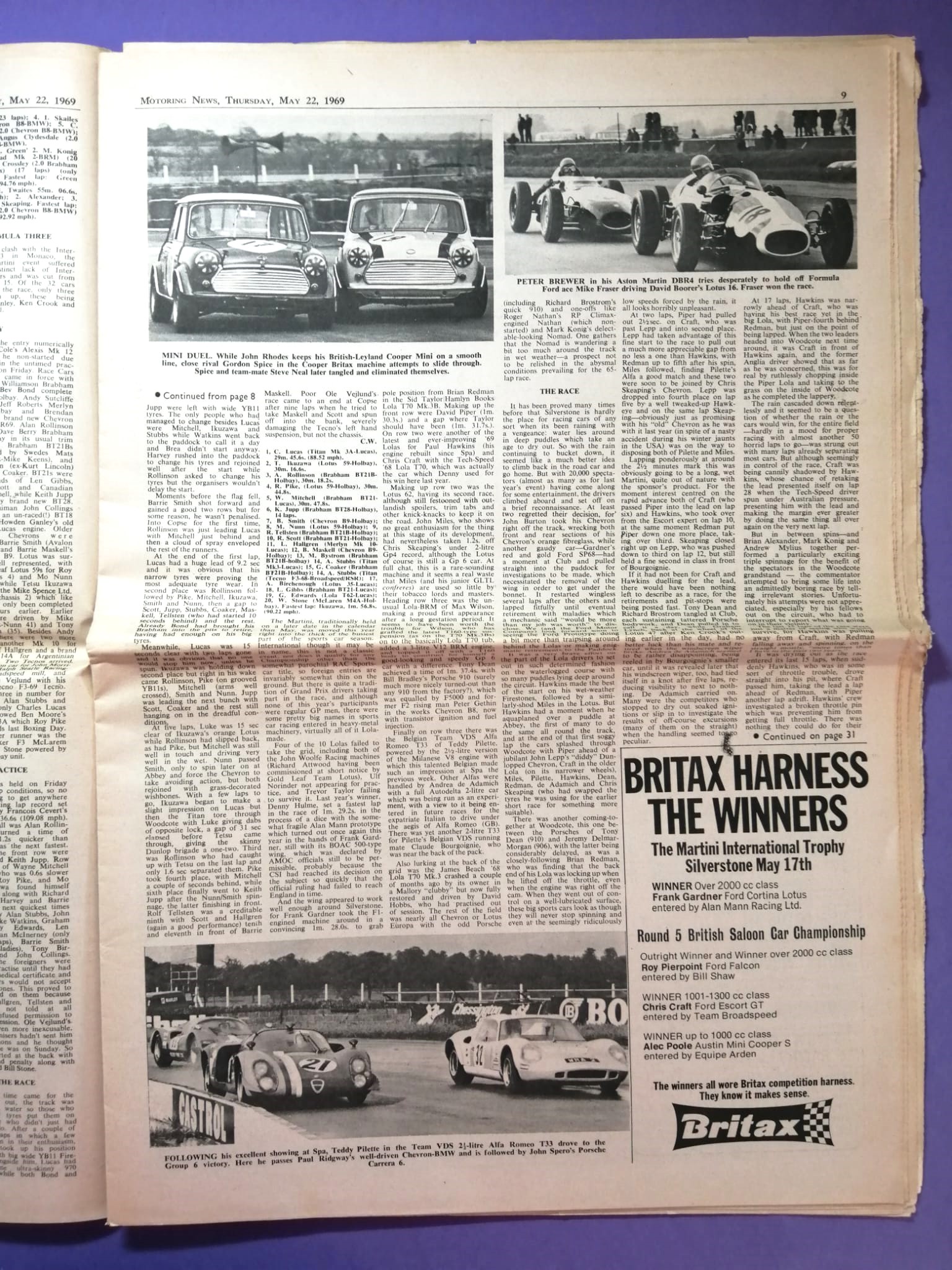 RARITÄT! alte Zeitung, Motoring News, 22. Mai 1969, G. Hill, Lotus, Sieger Formel 1 Monaco, R. Peterson Formel 3, Mini Cooper, Mikkola, Rallye,.. Englisch