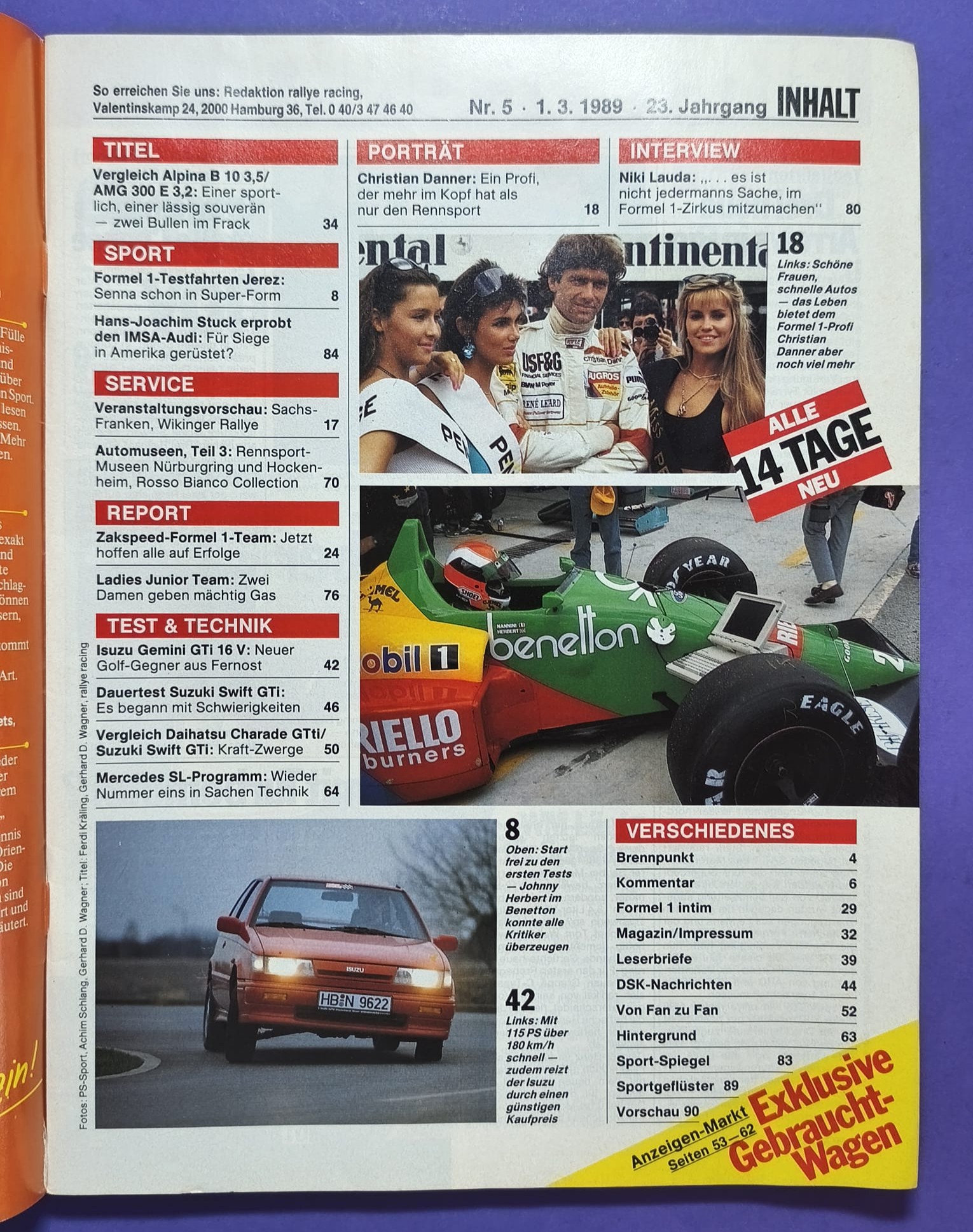 alte Zeitschrift Magazin Heft, Rallye Racing, 1. März 1989, Test Alpina B10 (BMW 3er E30), Audi 90 Quattro GTO, Zakspeed Formel 1, Opel Kadett E GSI, Rallye Nachwuchs Fahrerinnen