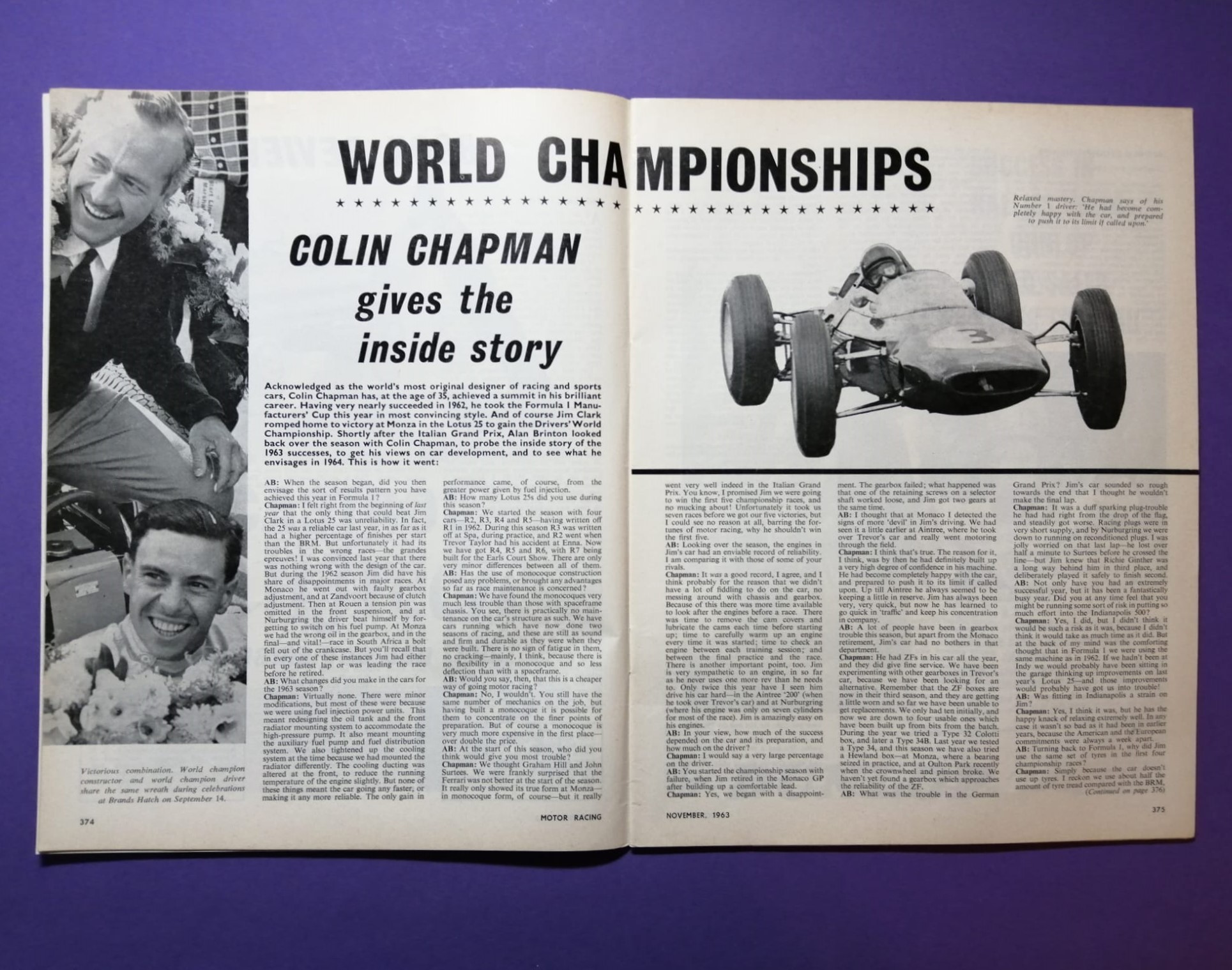 alte Zeitschrift Magazin Heft Motor Racing, 11/1963, Colin Chapman, Jim Clark Lotus, Formel 1 Grand Prix USA, Bruce McLaren Cooper Climax, Ferrari,.. Englisch!
