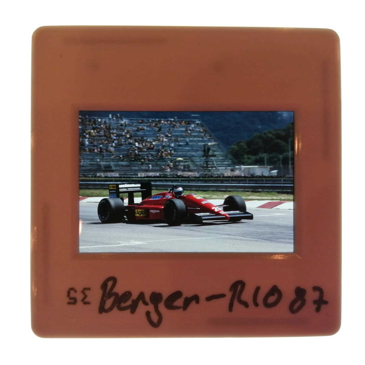 altes Presse Foto DIA, Gerhard Berger, Ferrari, Formel 1 Grand Prix Brasilien Rio de Janeiro 1987, 5x5cm