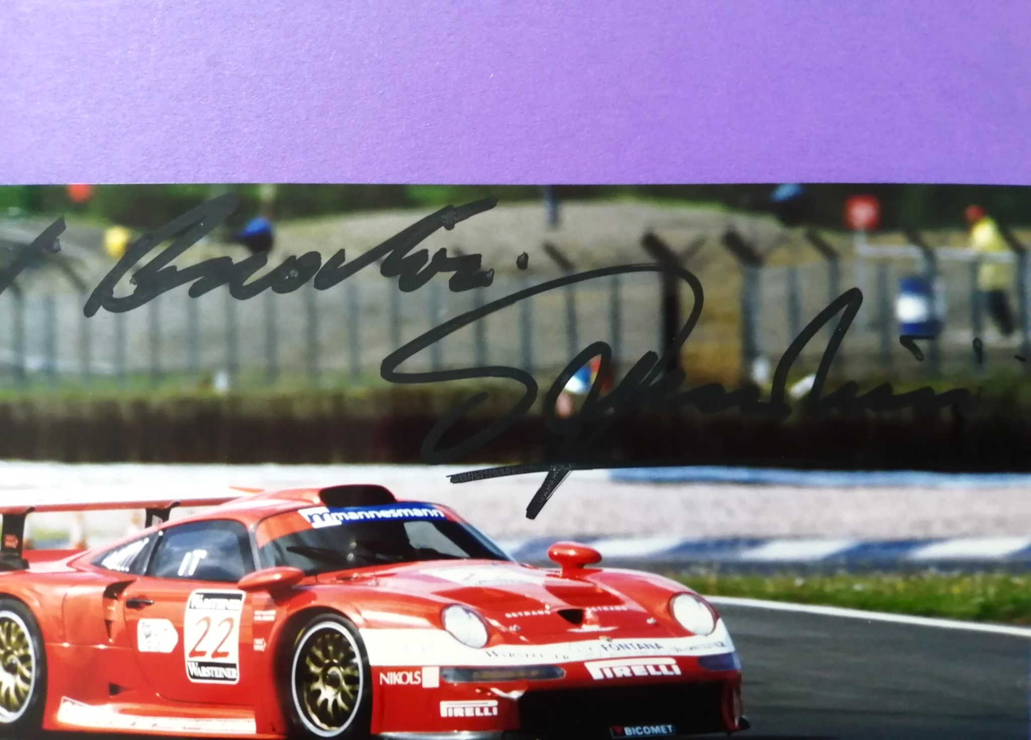 2 Original Autogramme, Piereluigi Martini, Christian Pescatori, Porsche 911 GT1, BMS Scuderia Italia, FIA-GT 1997, Foto 10x15cm