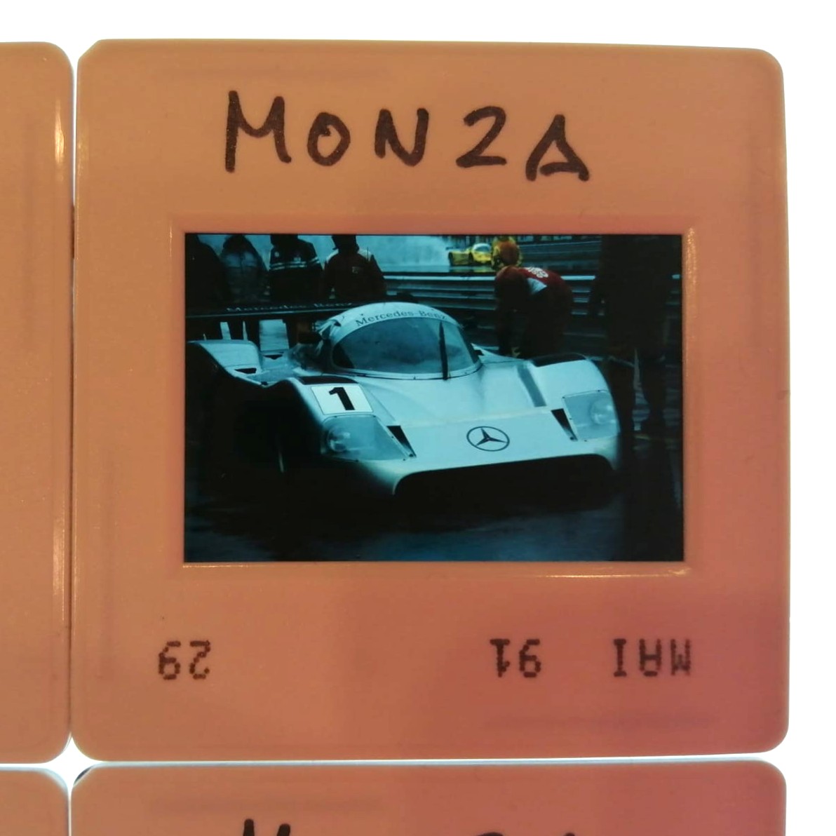 4 Stück alte Presse Foto DIAs, Sauber Mercedes-Benz, Gruppe C Sportwagen WM Monza 1991, 5x5cm