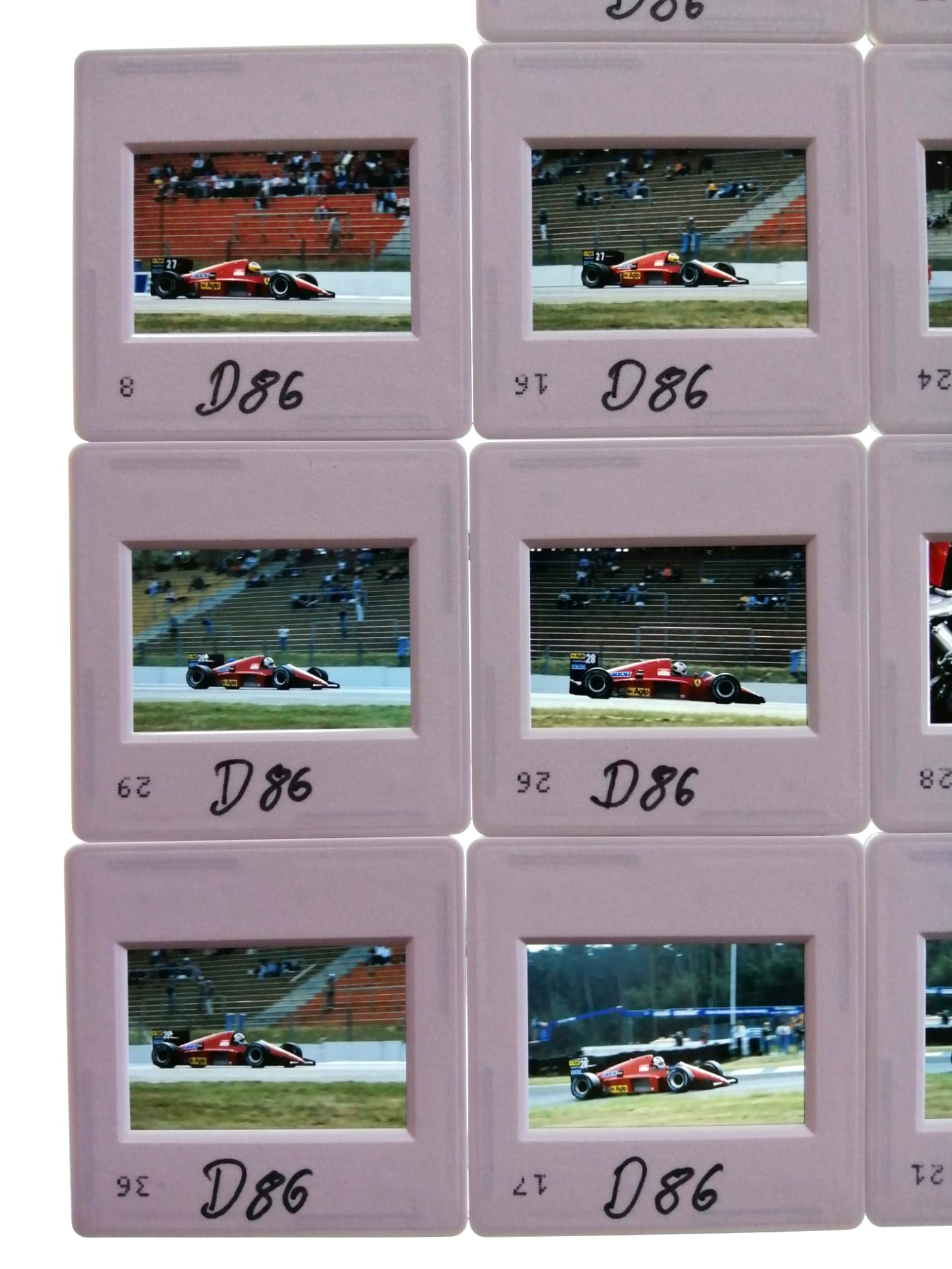 14 Stück alte Presse Foto DIAs, Michele Alboreto, Stefan Johansson, Ferrari, Formel 1 Grand Prix Deutschland Hockenheimring 1986, 5x5cm