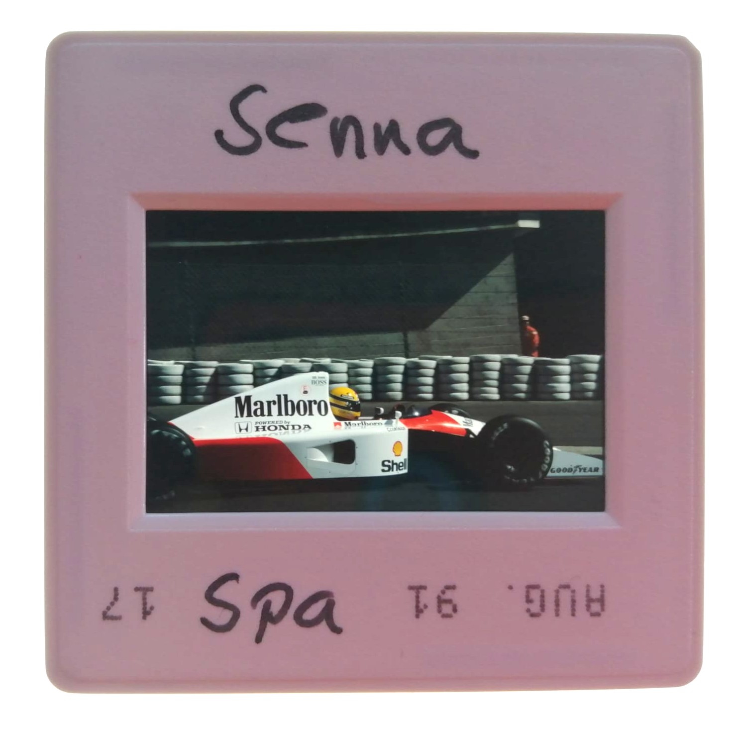 altes Presse Foto DIA, Ayrton Senna, McLaren Honda, Formel 1 Grand Prix Belgien Spa-Francorchamps 1991, 5x5cm