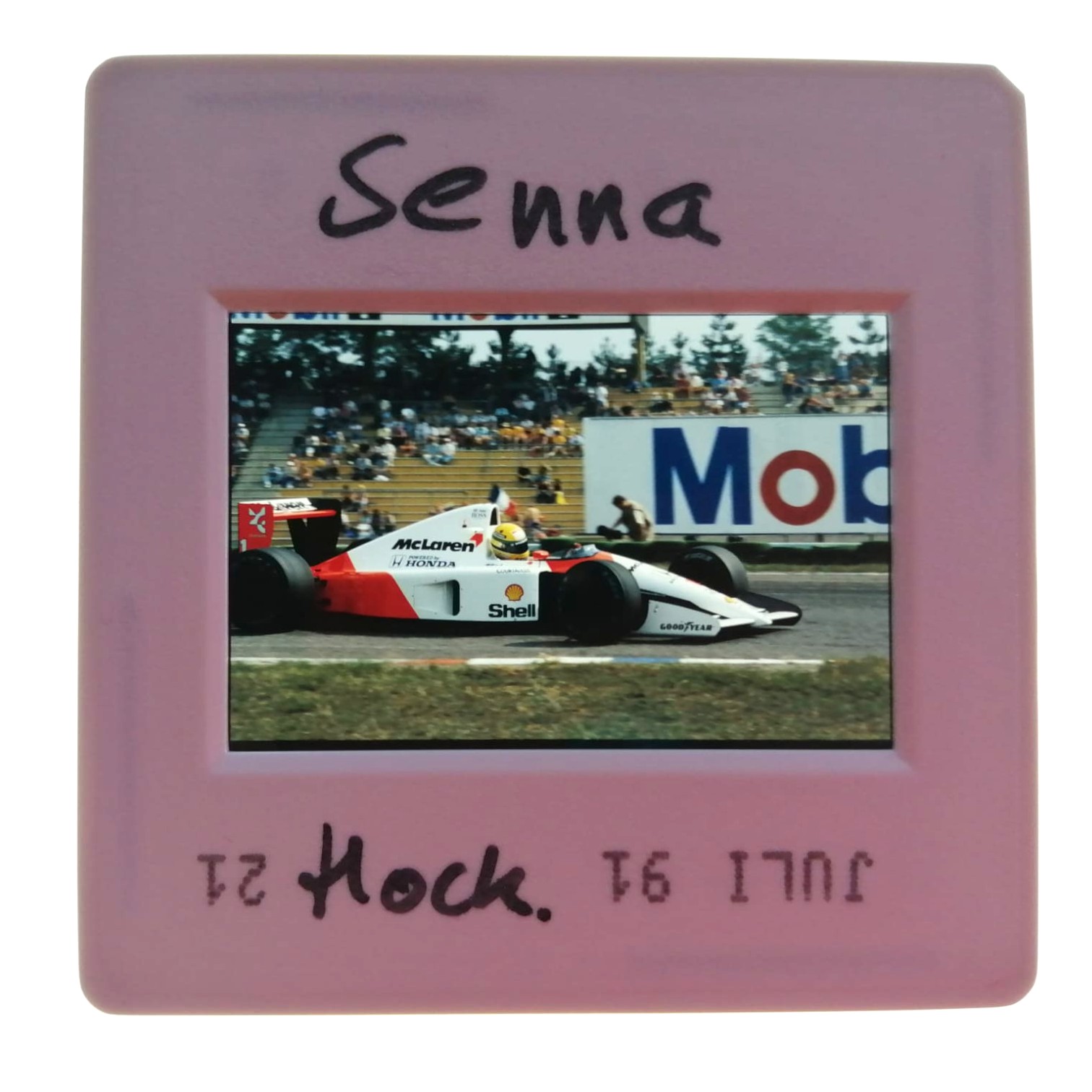 altes Presse Foto DIA, Ayrton Senna, McLaren Honda, Formel 1 Grand Prix Deutschland Hockenheimring 1991, 5x5cm