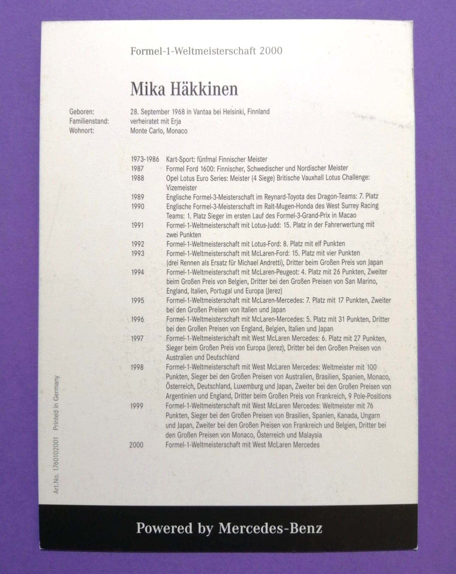alte Autogrammkarte, Mika Häkkinen, West McLaren Mercedes, Formel 1 Grand Prix 2000, 10x15cm