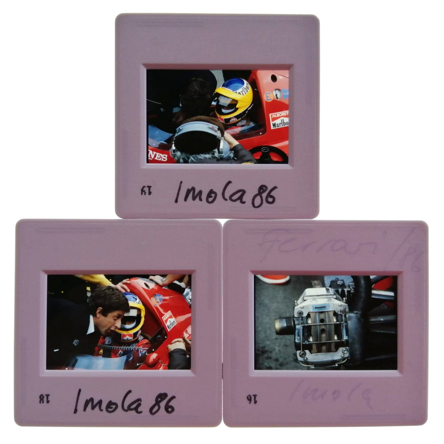 3 Stück alte Presse Foto DIAs, Michele Alboreto, Ferrari, Formel 1 Grand Prix San Marino 1986, 5x5cm