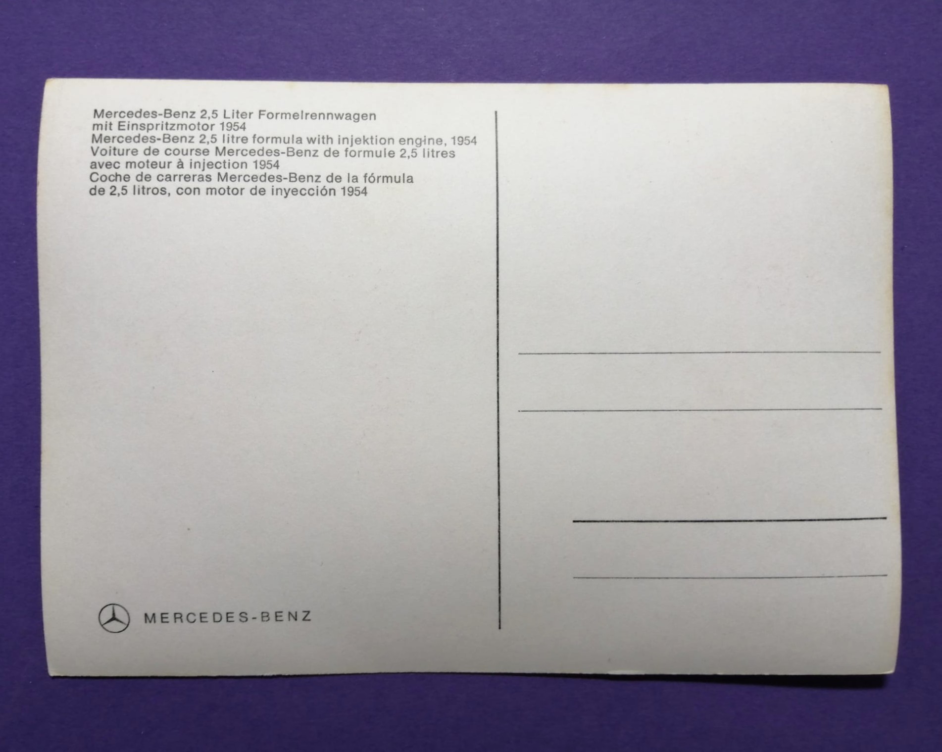 alte Postkarte, Mercedes-Benz 2,5 Liter Formelrennwagen mit Einspritzmotor, 1954, 10x15cm 