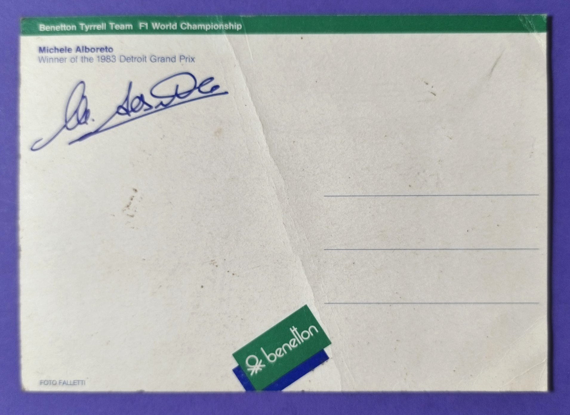 RARITÄT! alte Autogrammkarte, Michele Alboreto, Tyrrell Benetton, Sieger Formel 1 Grand Prix Detroit USA 1983, 11x15cm