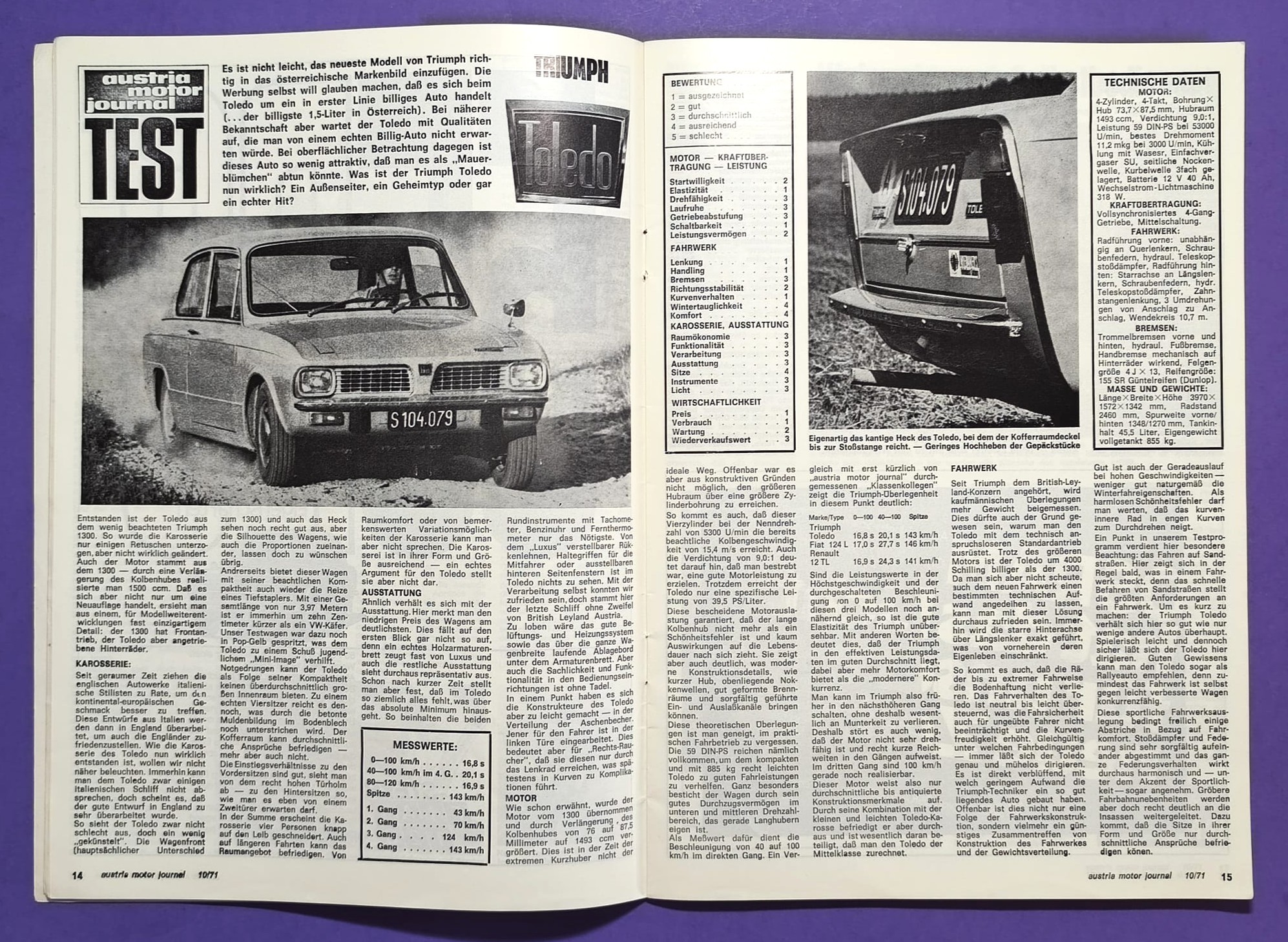 alte Zeitschrift Magazin Heft, Austria Motor Journal, Oktober 1971, Toyota Celica 1600 + alle Modelle, Mercedes Benz 230, Triumph Toledo, Sunbeam 1500GT, Formel 2 Tulln Langenlebarn, Helmut Marko BRM Formel 1,..