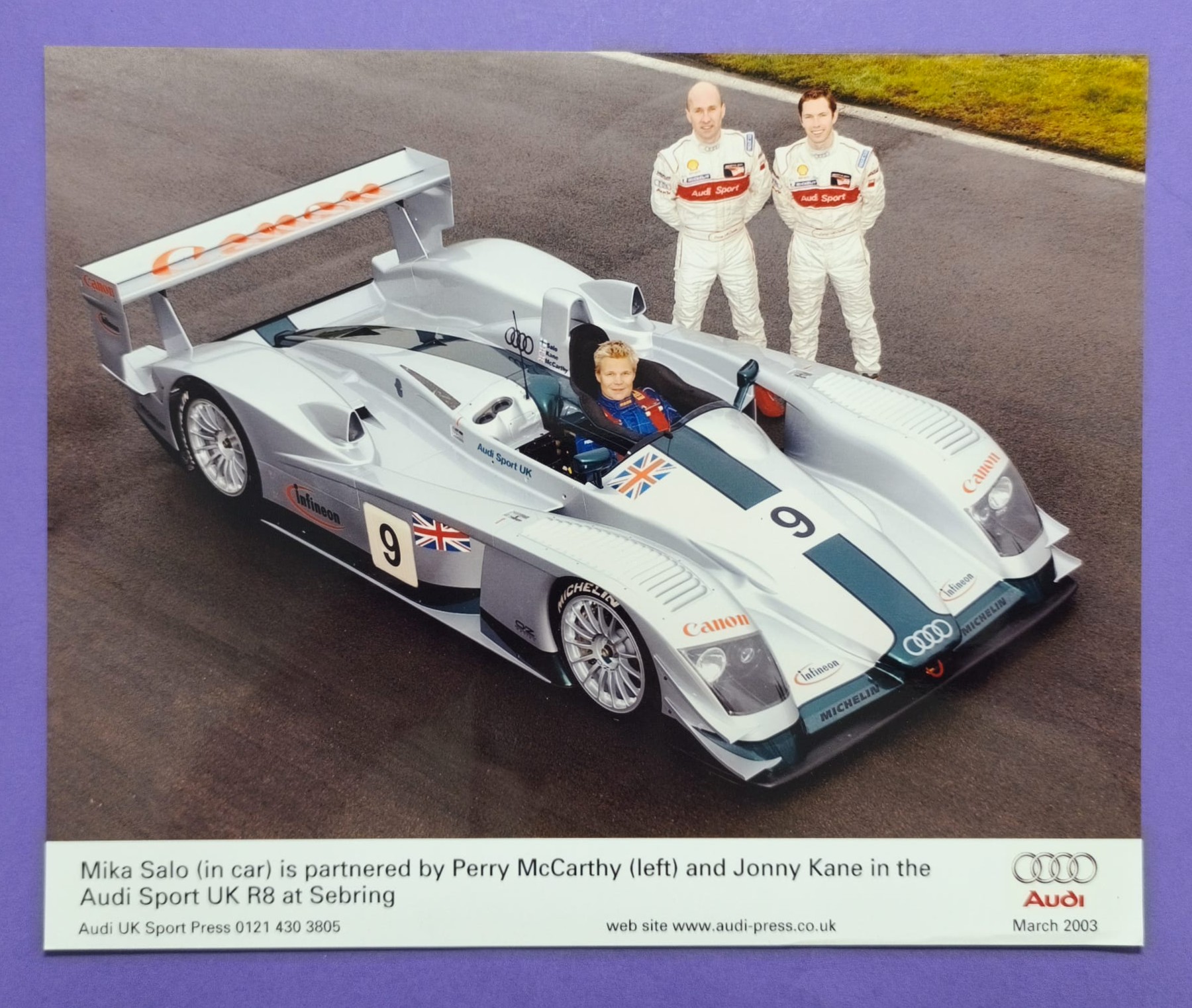 altes Presse Werksfoto, Audi R8, 12h Sebring 2003, Mika Salo, Perry McCarthy, Jonny Kane, 20x25cm