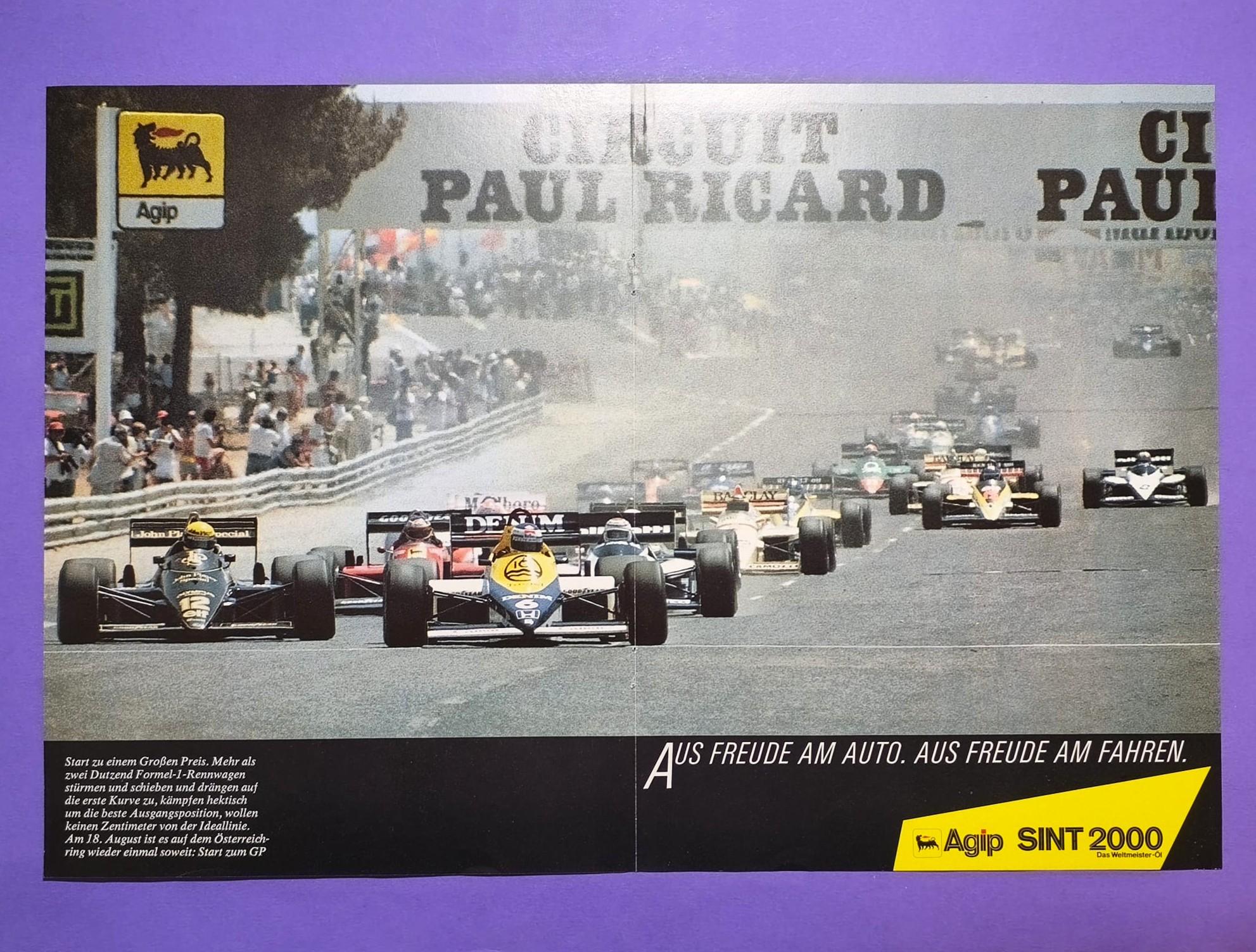 altes Agip Poster, Formel 1 Grand Prix Frankreich Paul Ricard Le Castellet 1985, Ayrton Senna John Player Lotus,.. 28x42cm