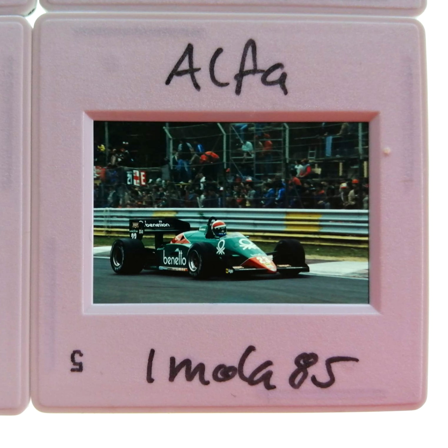 4 Stück alte Presse Foto DIAs, Alfa-Romeo, Eddie Cheever, Riccardo Patrese, Formel 1 Grand Prix San Marino Imola 1985, 5x5cm 