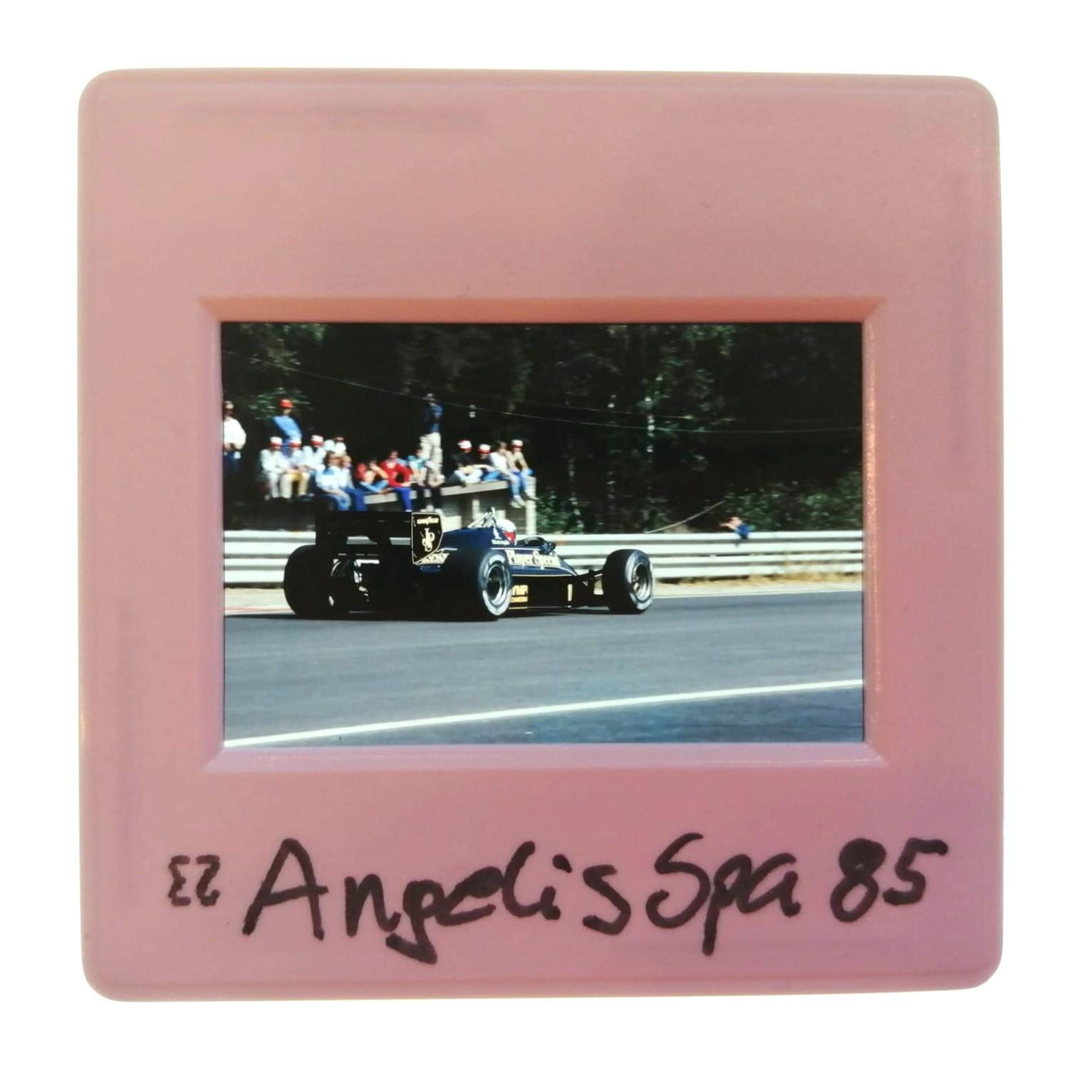 altes Presse Foto DIA, Elio de Angelis, John Player Lotus, Formel 1 Grand Prix Belgien Spa-Francorchamps 1985, 5x5cm