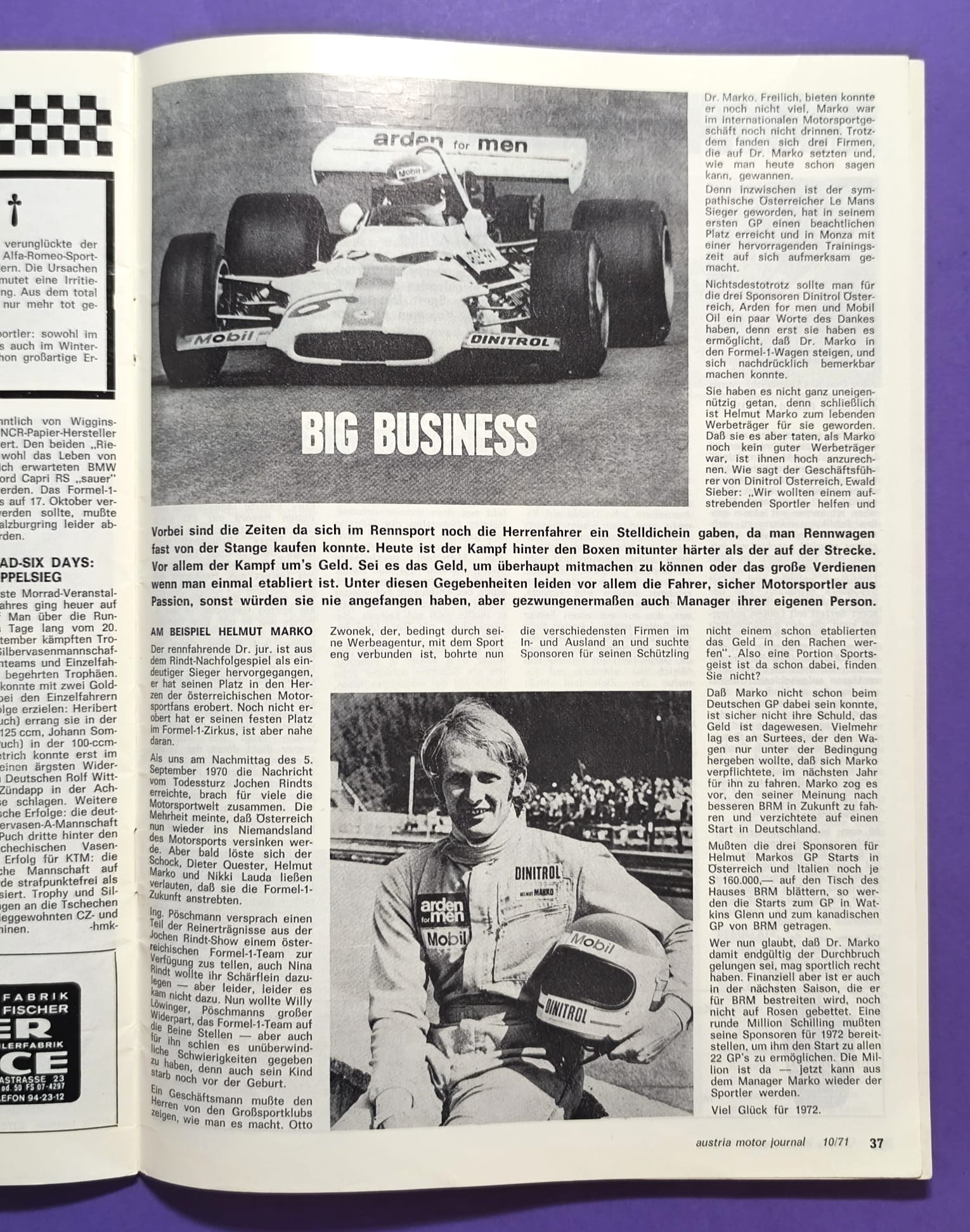alte Zeitschrift Magazin Heft, Austria Motor Journal, Oktober 1971, Toyota Celica 1600 + alle Modelle, Mercedes Benz 230, Triumph Toledo, Sunbeam 1500GT, Formel 2 Tulln Langenlebarn, Helmut Marko BRM Formel 1,..
