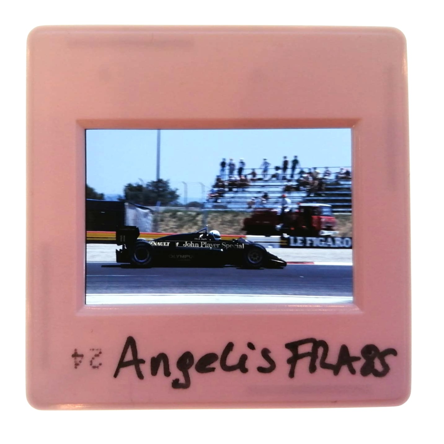 altes Presse Foto DIA, Elio de Angelis, John Player Lotus, Formel 1 Grand Prix Frankreich Le Castellet Paul Ricard 1985, 5x5cm
